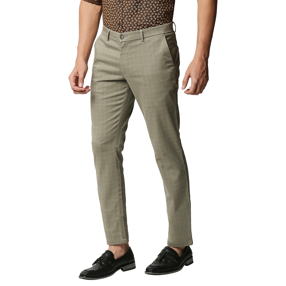 Basics | Men's Light Green Cotton Blend Checked Trouser 2