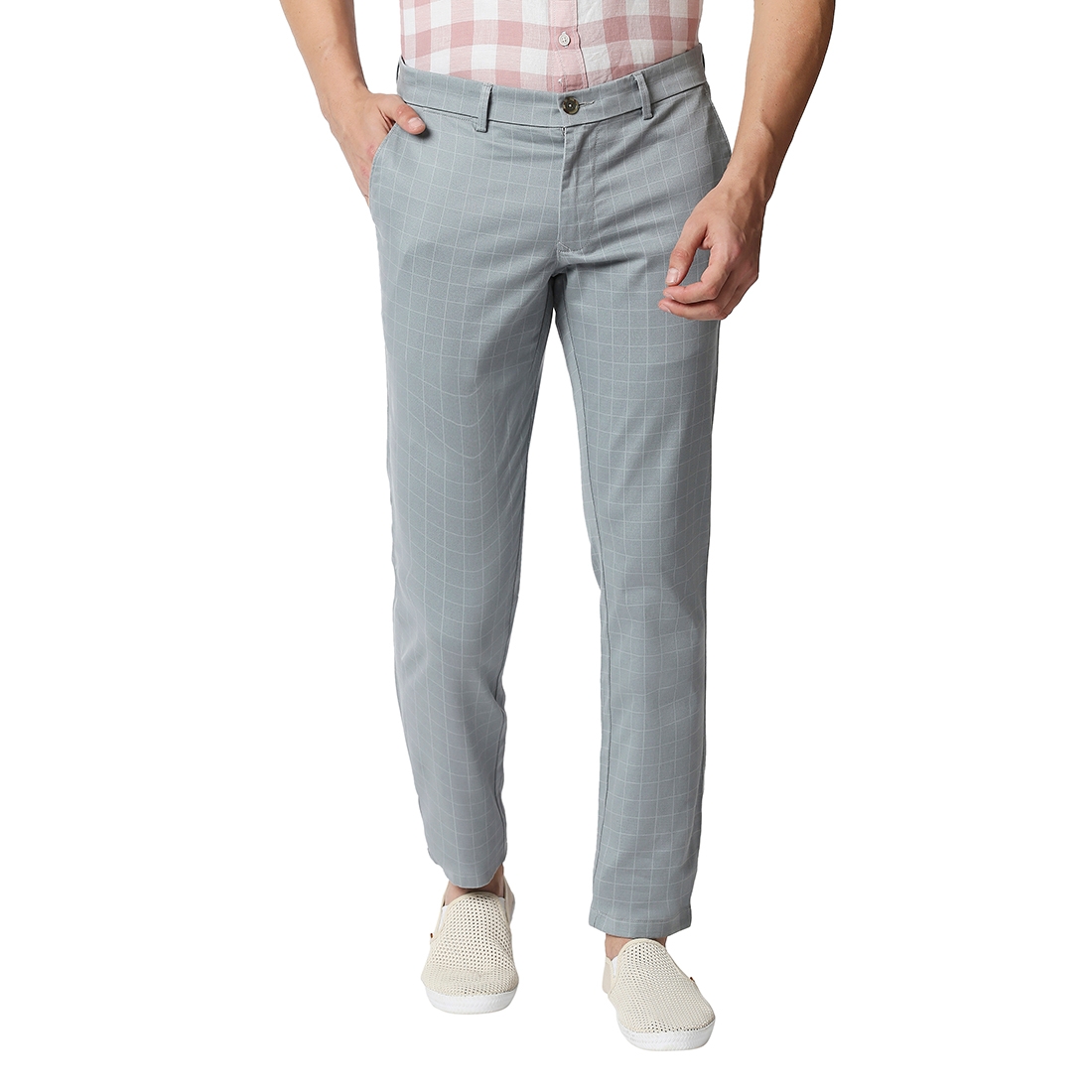 Basics | Men's Light Blue Cotton Blend Checked Trouser 0