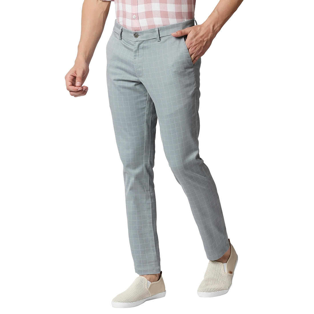 Basics | Men's Light Blue Cotton Blend Checked Trouser 2
