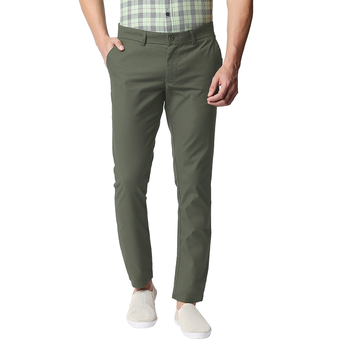 Basics | Men's Mid Green Cotton Blend Solid Trouser 0