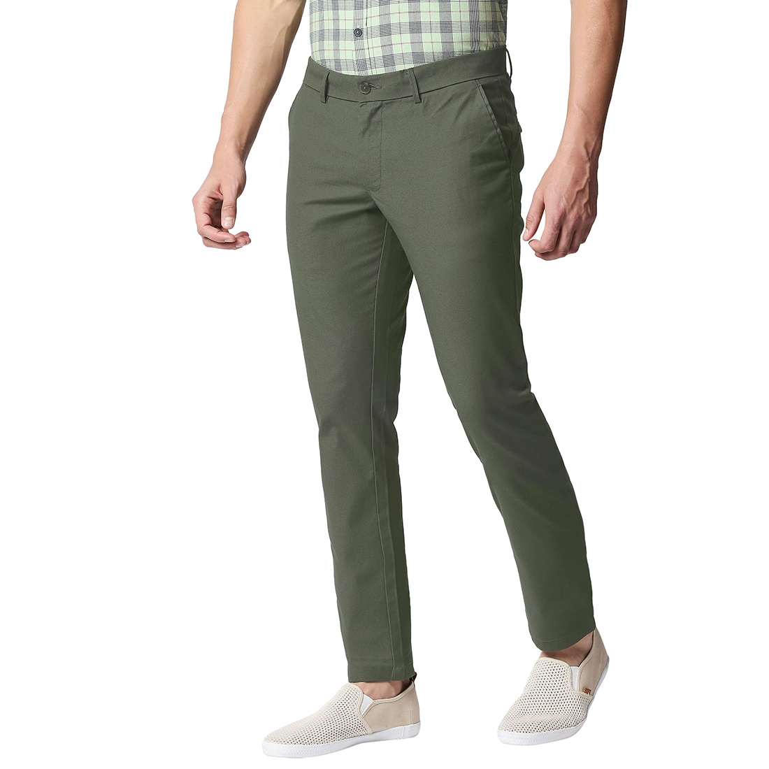 Basics | Men's Mid Green Cotton Blend Solid Trouser 2