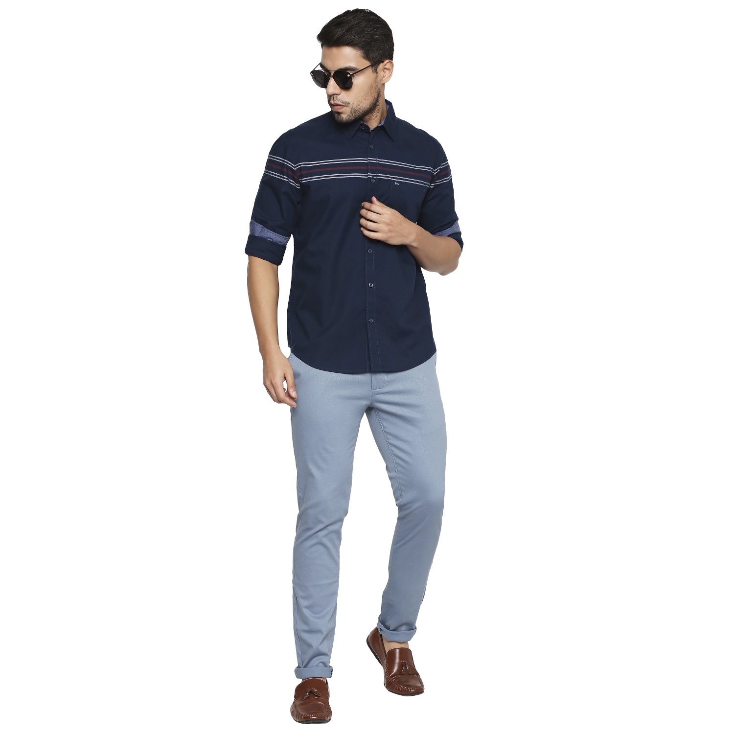Basics | Men's Blue Cotton Blend Solid Trouser 4