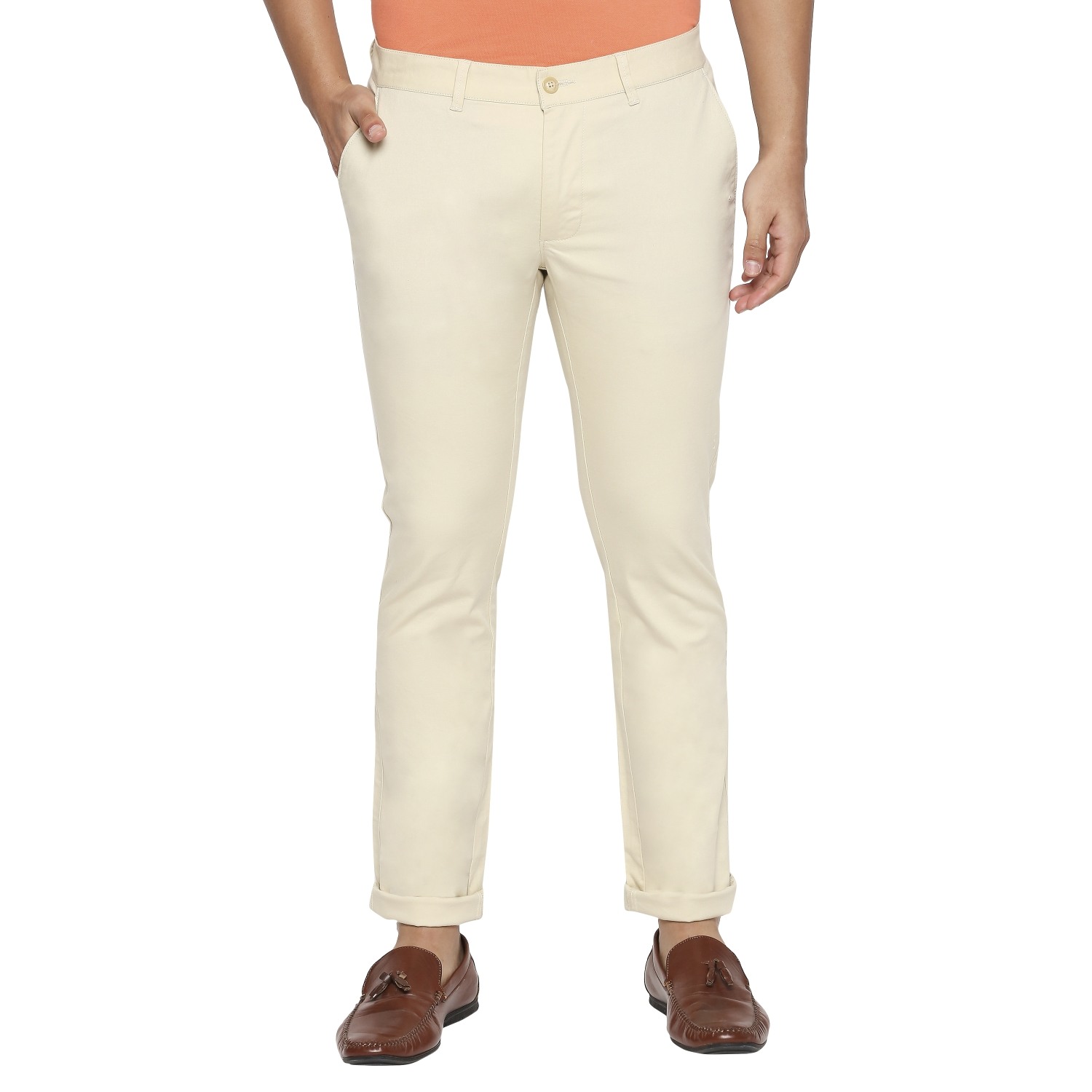 Men's Beige Cotton Blend Solid Trouser