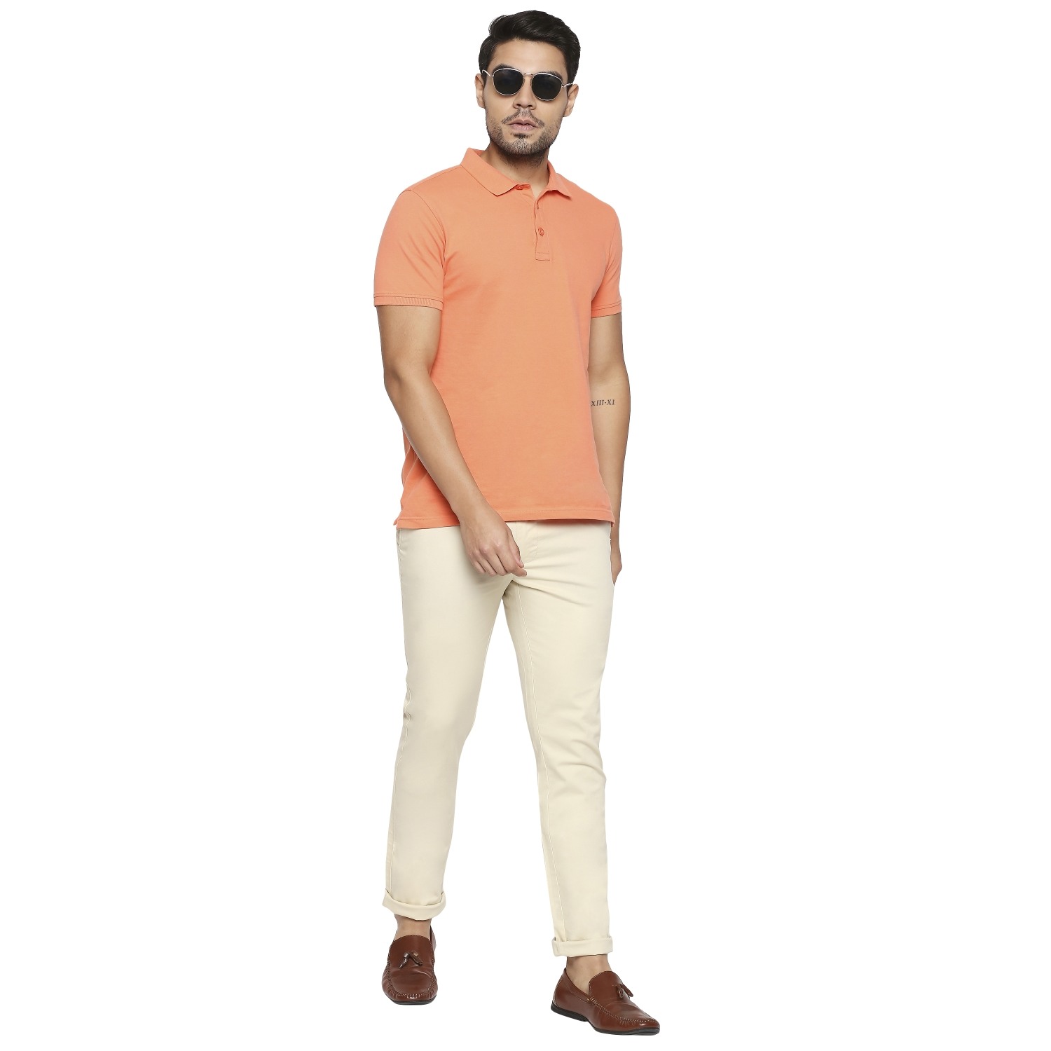 Men's Beige Cotton Blend Solid Trouser