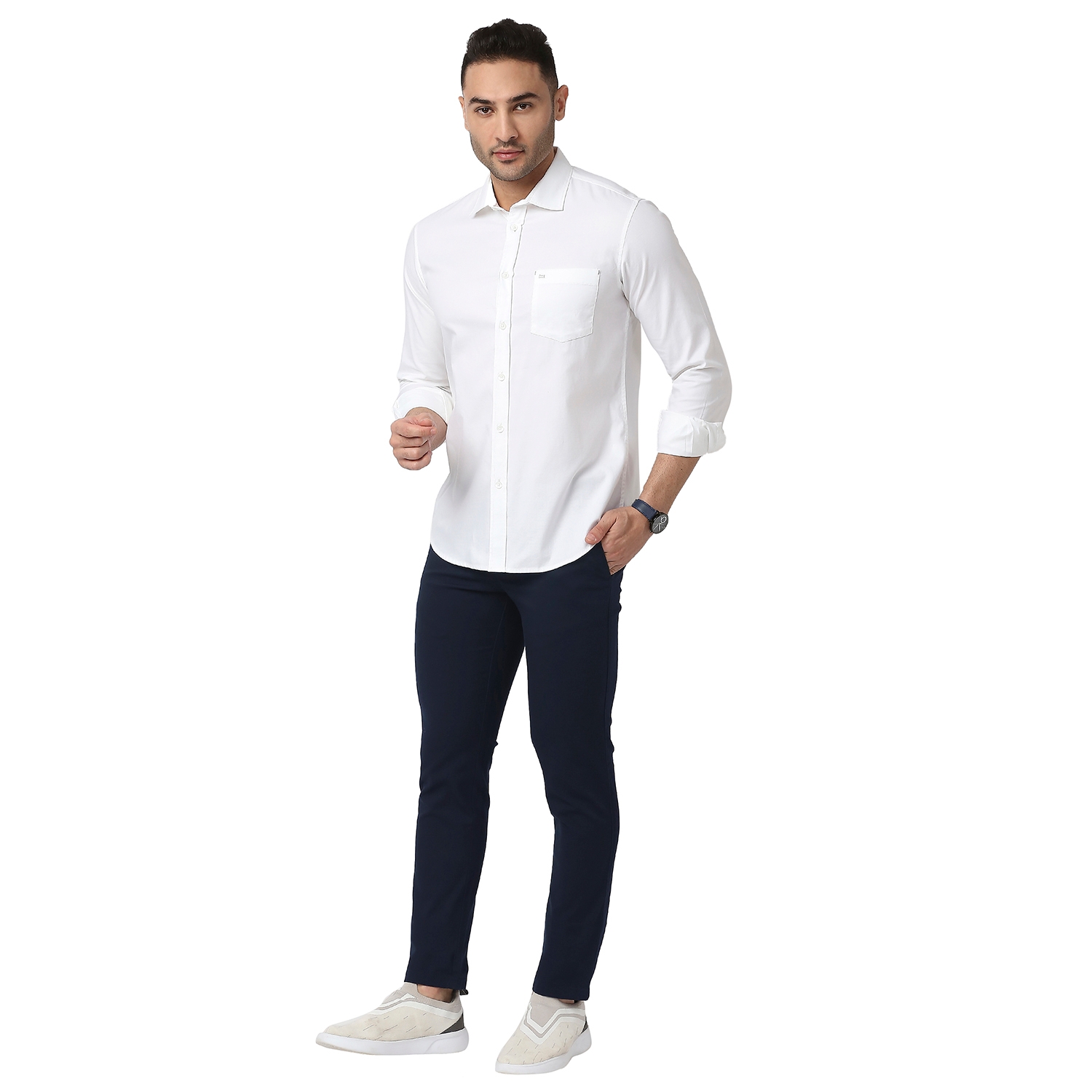Basics | Men's Navy Cotton Blend Solid Trouser 4