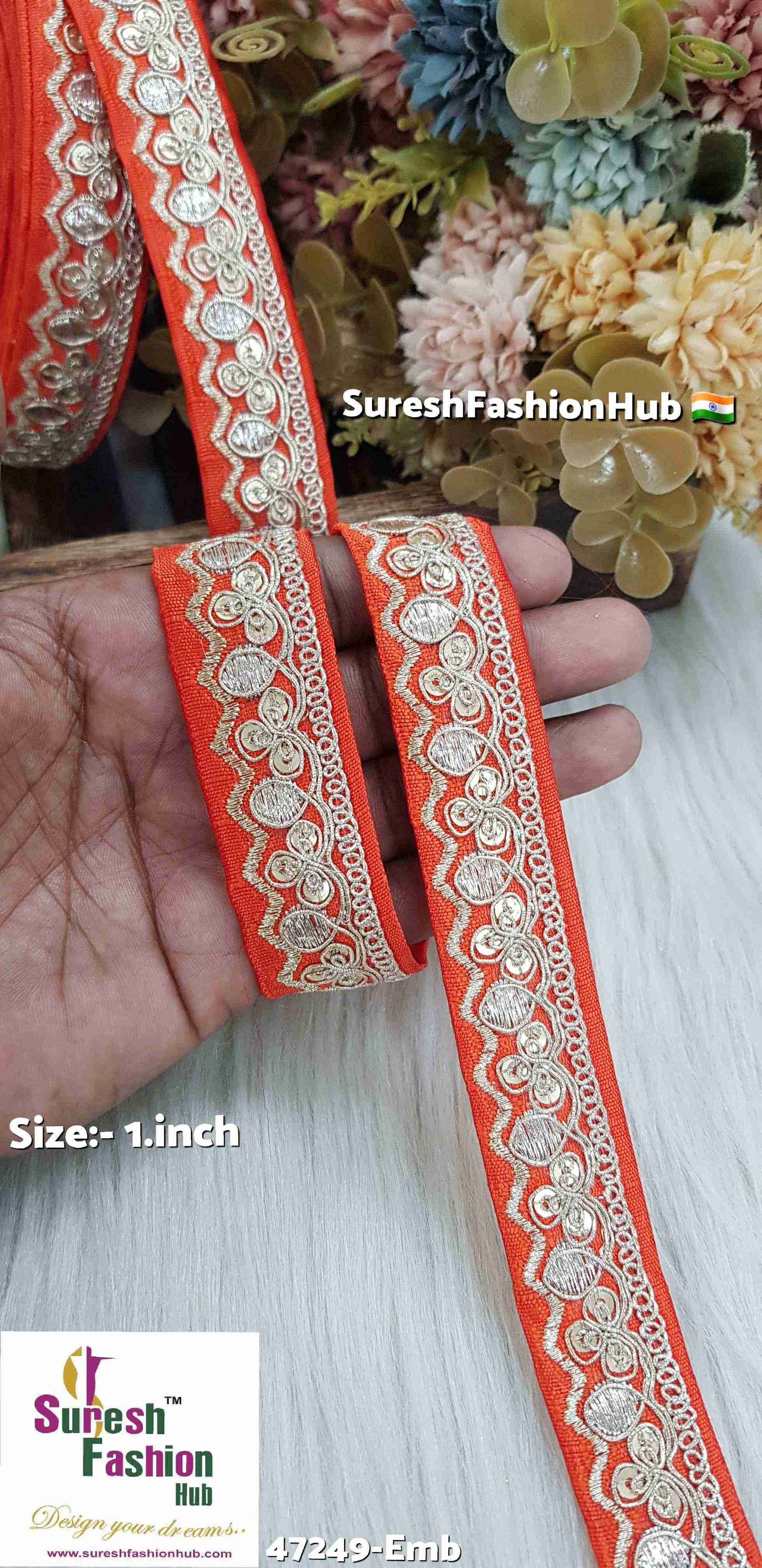 Orange Floral Pearl Embroidery Lace