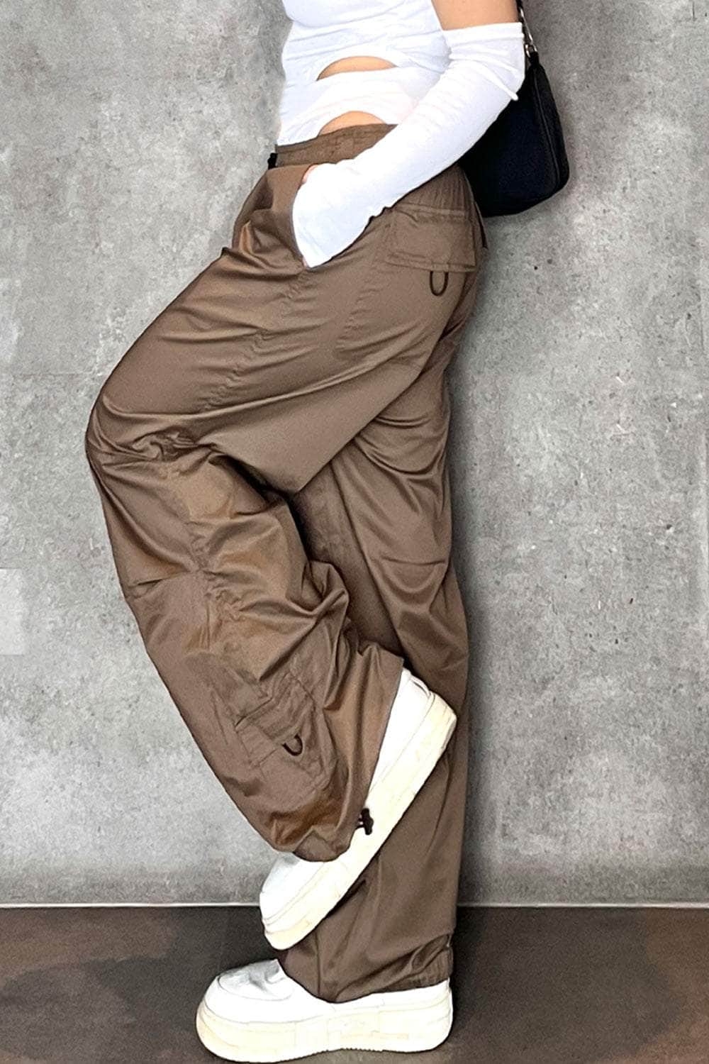 Women's Brown Solid Parachute Pants