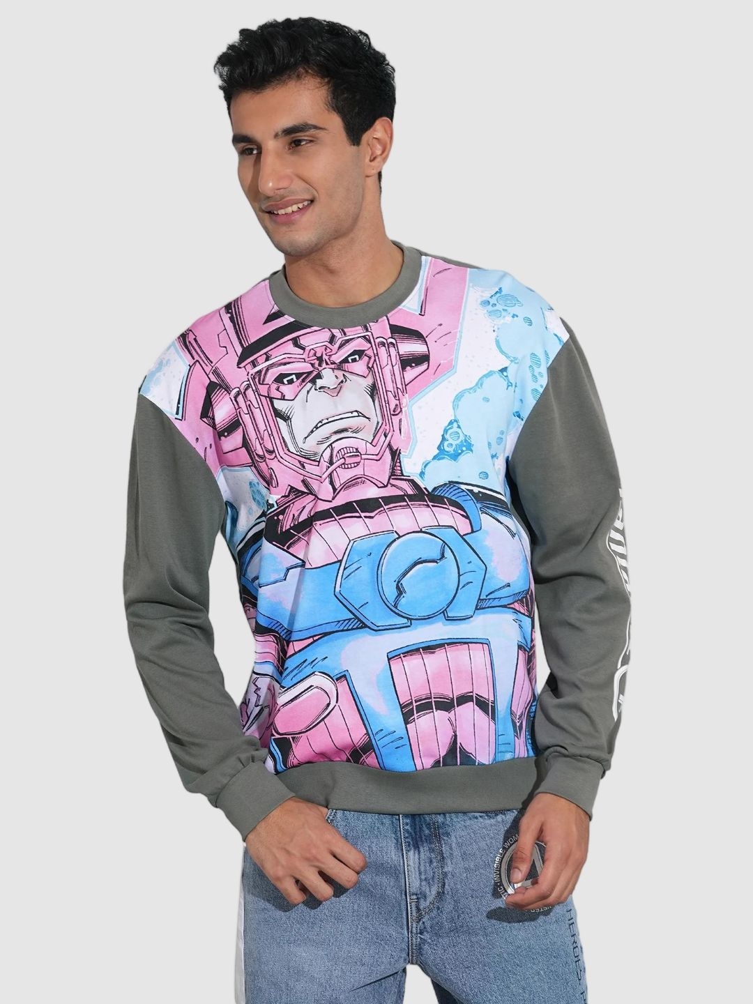 Fantastic Four Printed Grey Drop-Shoulder Sweatshirt by Being Human