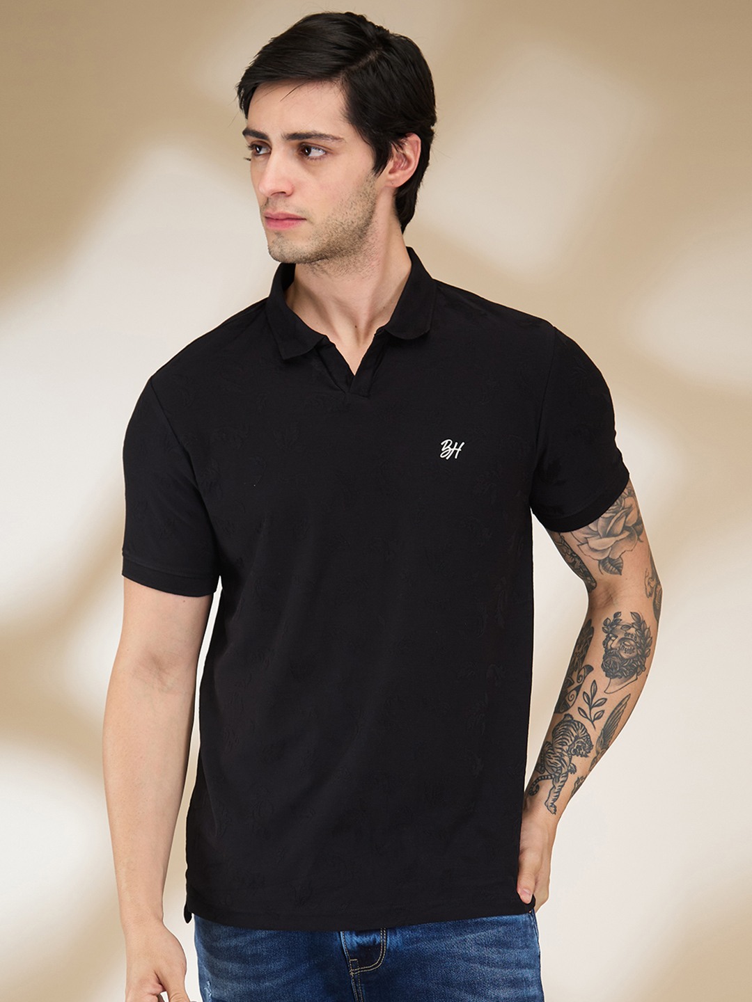 Being Human Men Black Solid Polo Neck T-Shirt