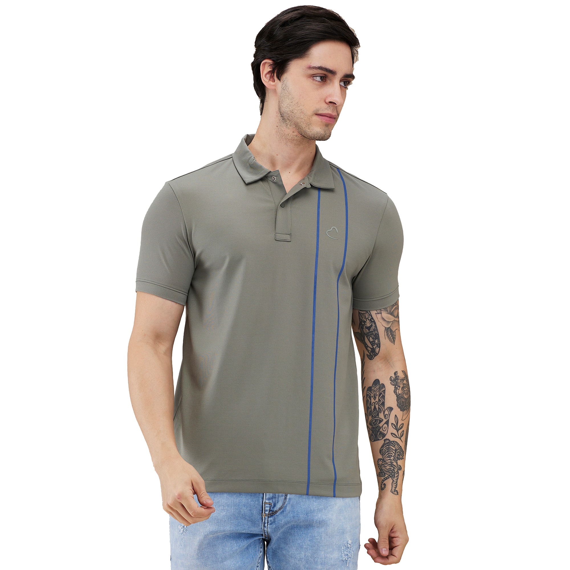 Being Human Men Green Vertical Stripes Polo Neck T-Shirt
