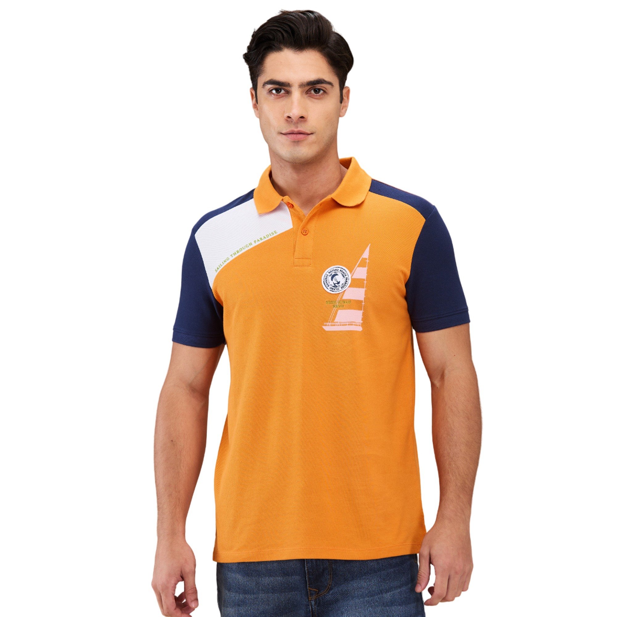 Being Human Men Orange Color Block Polo Neck T-Shirt