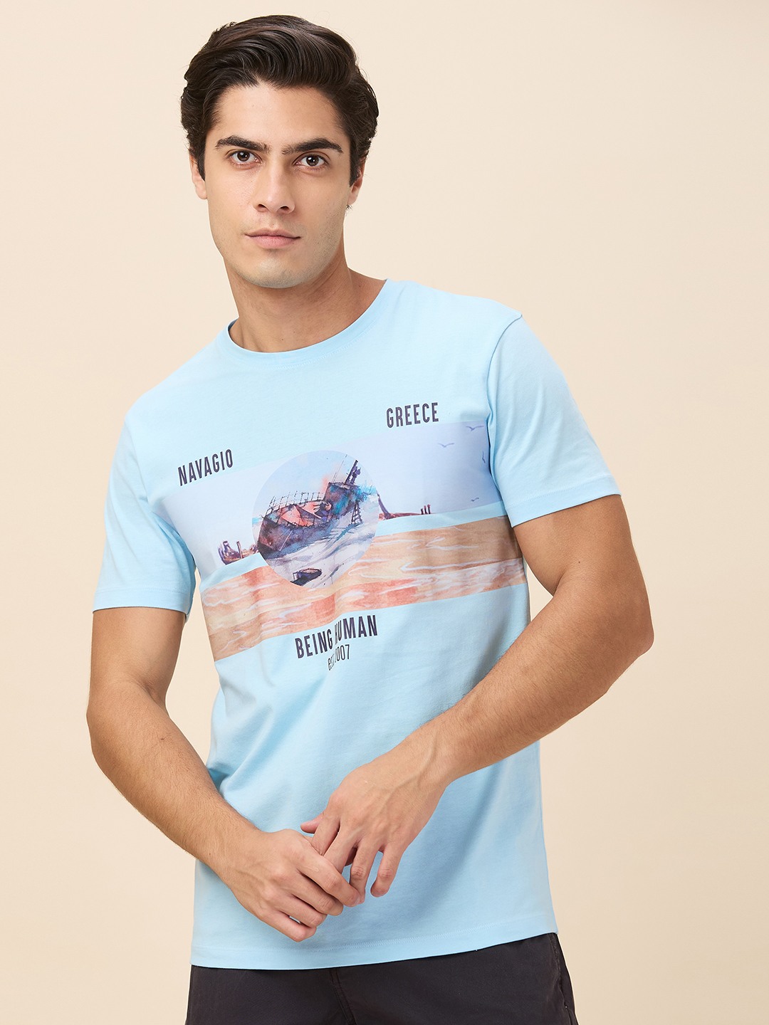 Being Human Men Blue Graphic Round Neck T-Shirt