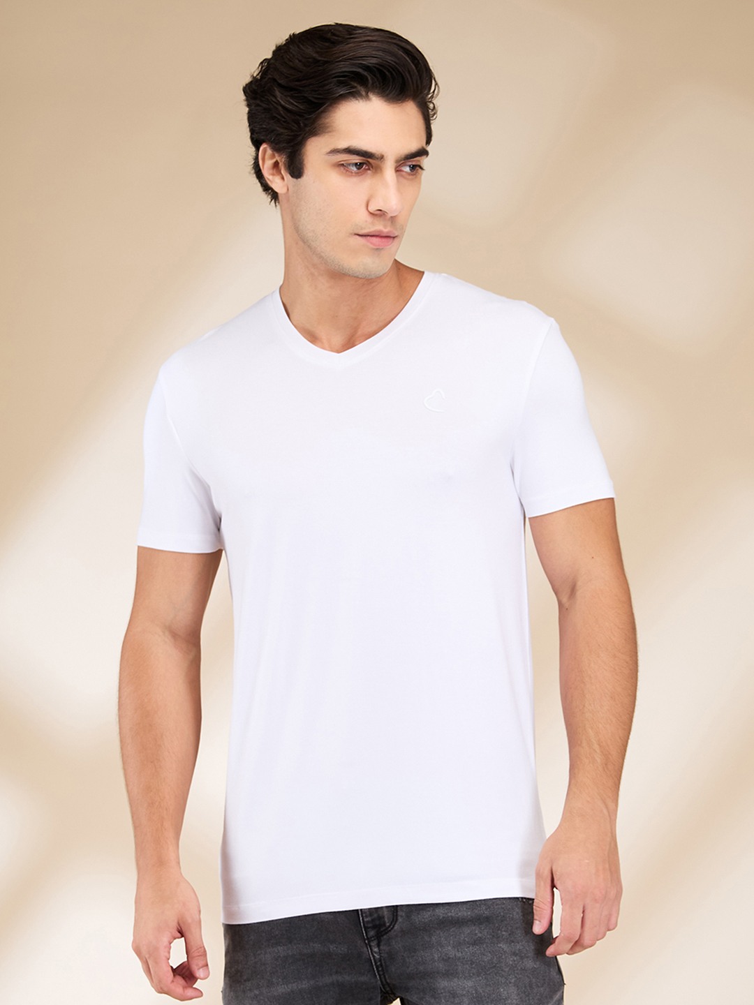 Being Human Men White Solid V Neck T-Shirt