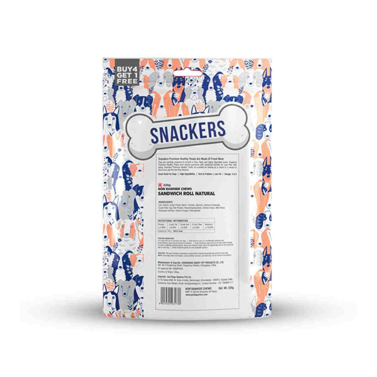 Snackers Non Rawhide Chews Sandwich Roll Natural for Dogs, 225 g