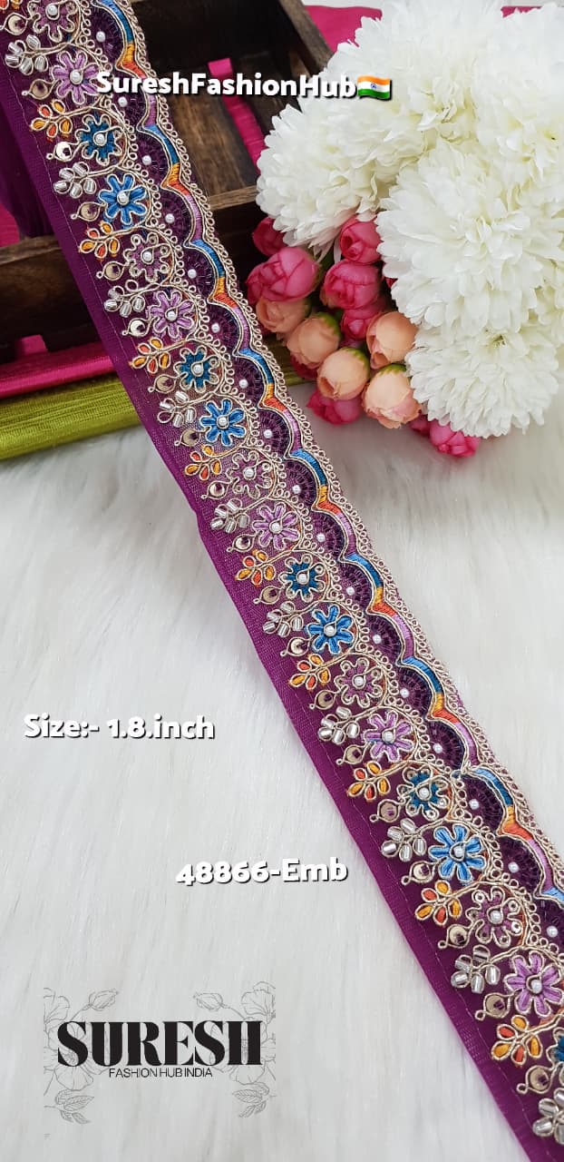 Magenta Floral Beads & Thread Embroidery Lace – 48866-EMB