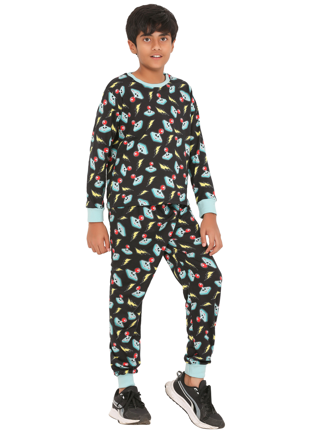 Ninos Dreams Boys Cotton Full Sleeves Coord Set with Lower Videogame Print- Black