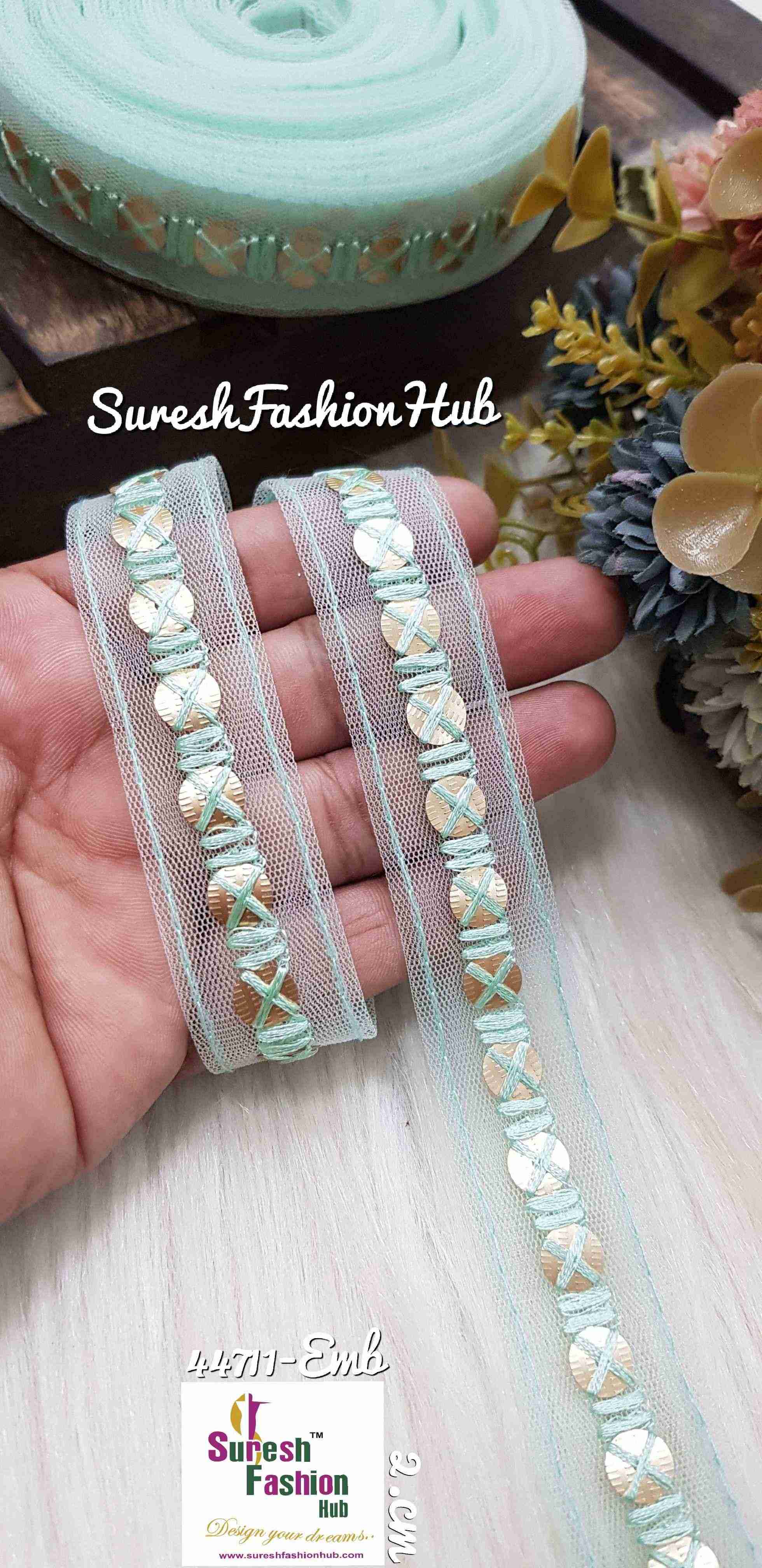 OCEAN GREEN Net Touch Sequin Thread Lace