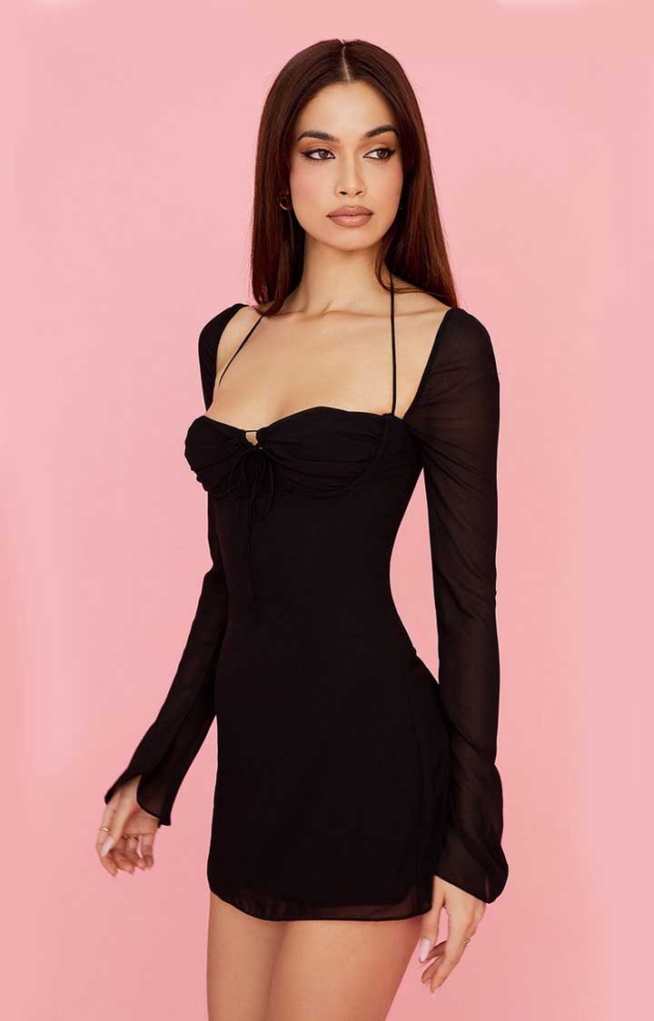 Black Bodycon Dress Long Sleeve Ruched Mesh | Ally Fashion