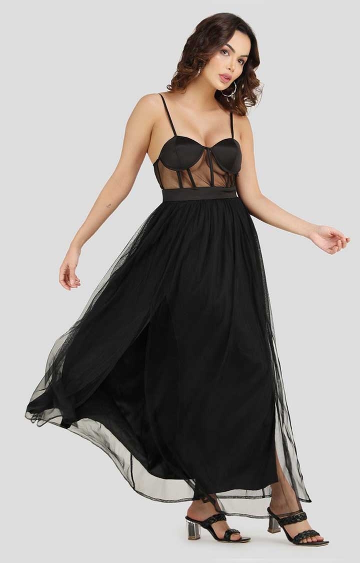Women's Blostic Black Side Slit Dress