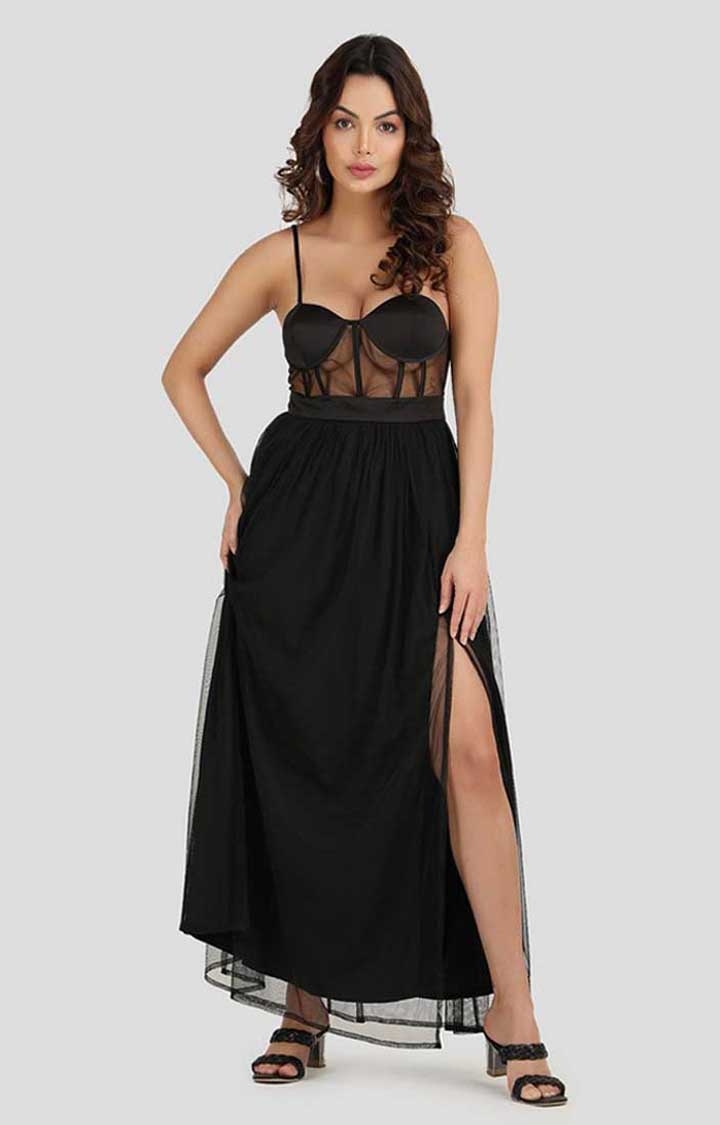 Tomber Amoureux | Women's Blostic Black Side Slit Dress