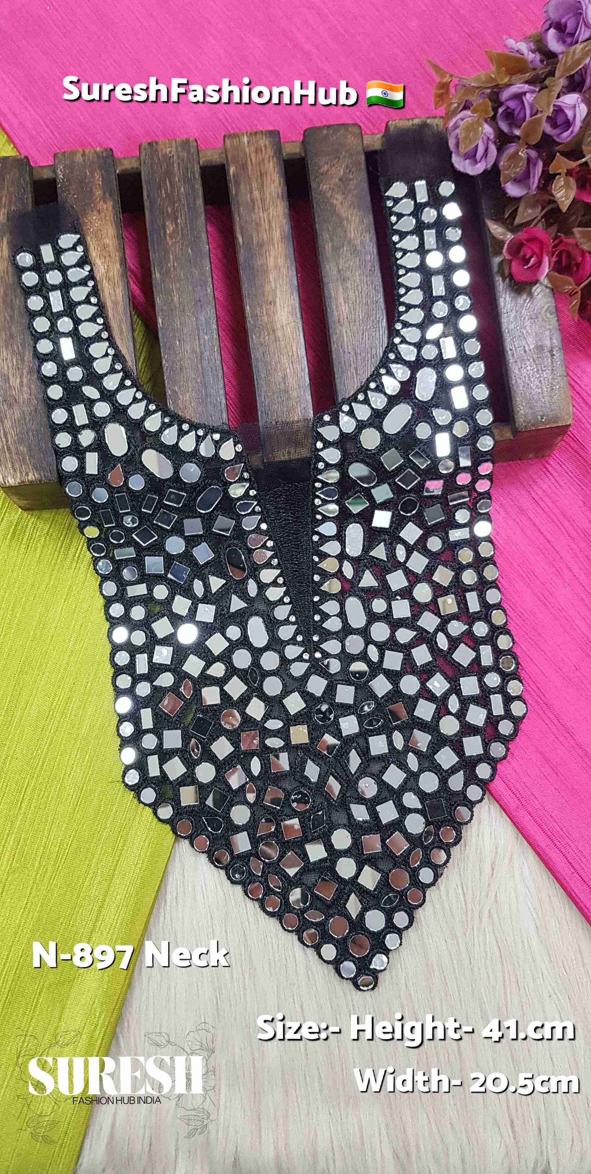 Black Brilliance Floral Mirror Neck Patch – Black | N-897