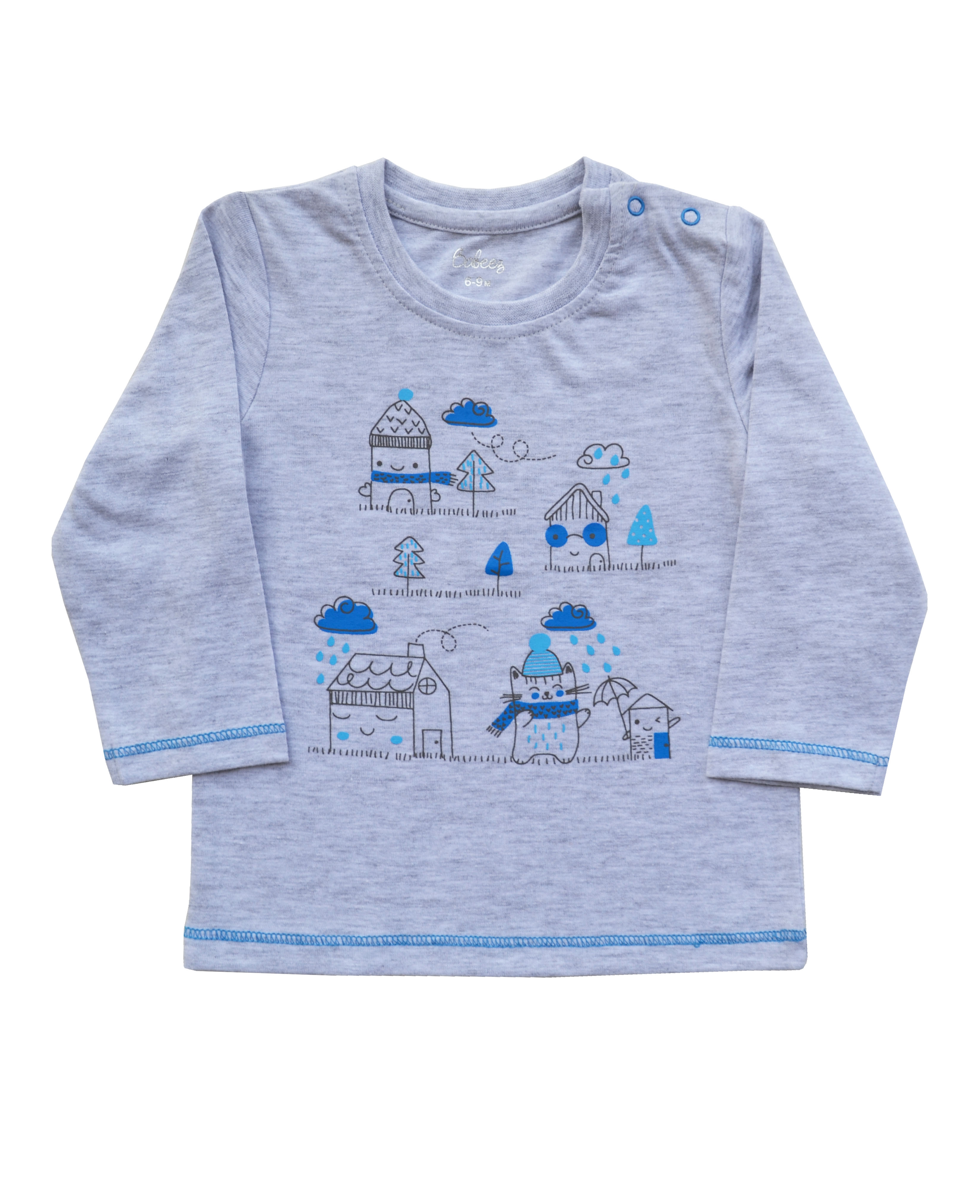 Blue House Print on Grey melange Long Sleeve T-Shirt (100% Cotton Single Jersey)