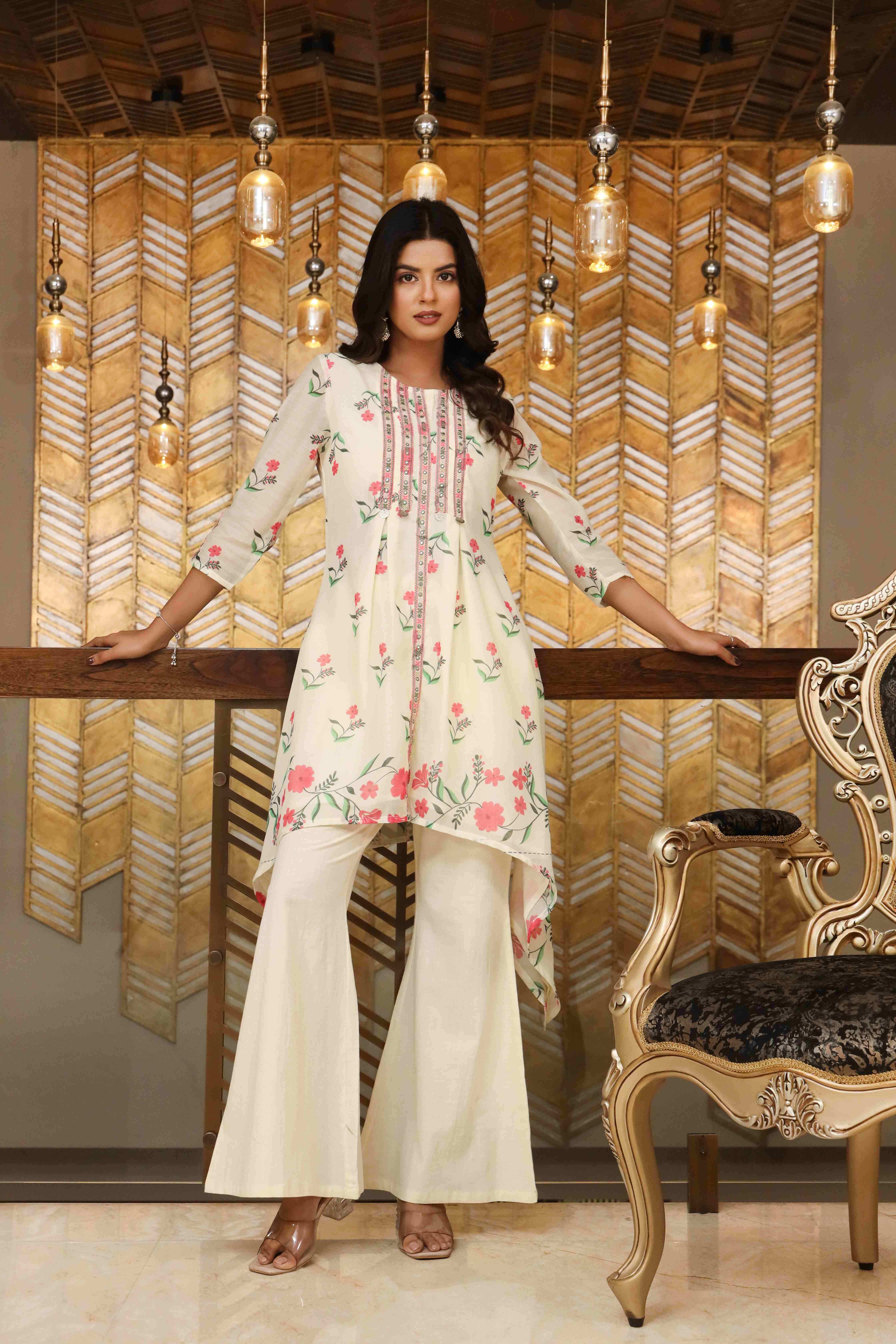 WOMEN'S EMBROIDERED OFF WHITE CO-ORD SET