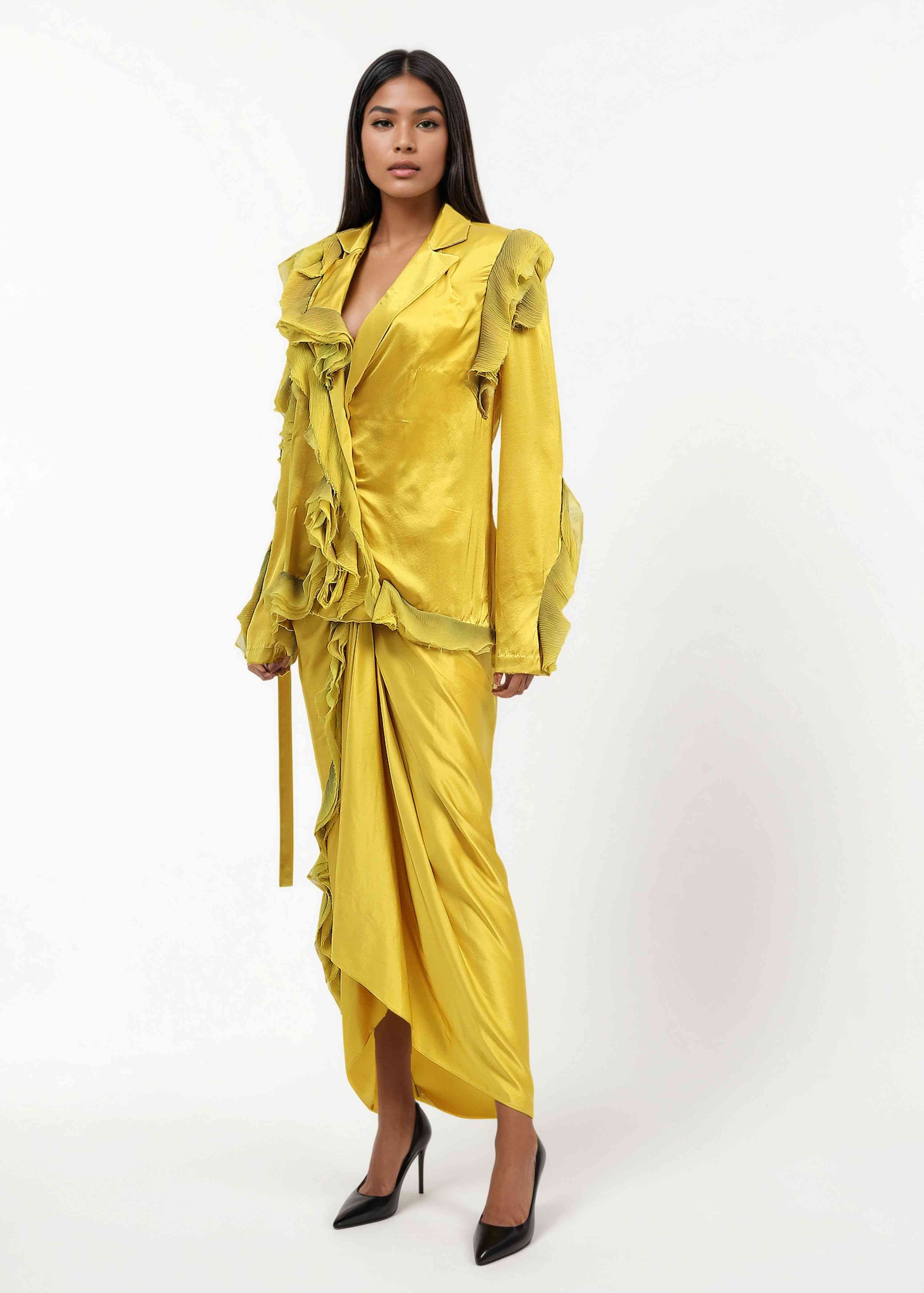 AKOK Yellow Silk Satin blazer with knotted ruffle skirt Co-ords
