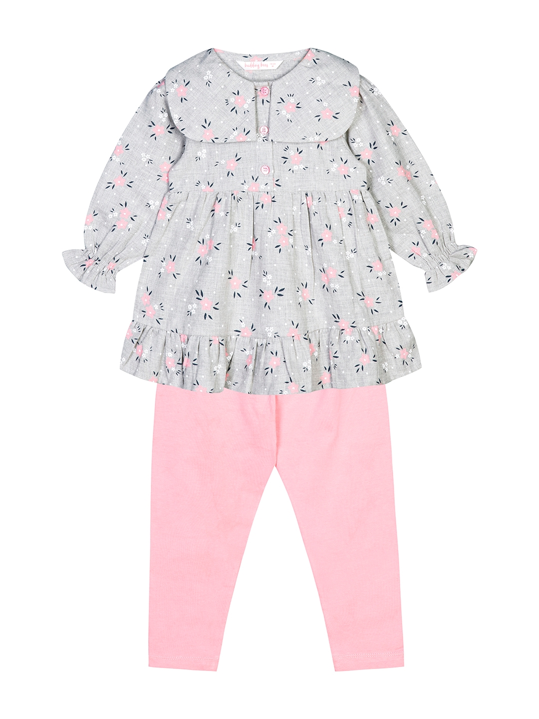 Budding Bees | Budding Bees Girls Cotton Unique Collar Milange Top With Legging Set-Grey 1