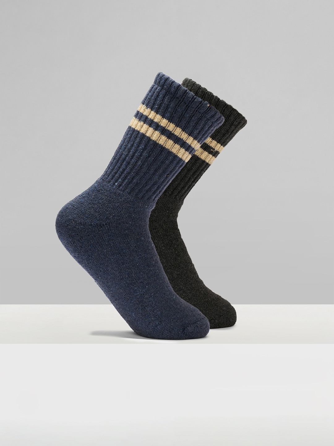 Multicoloured Ribbed Winter Socks with Contrast Stripes - Pack of 2