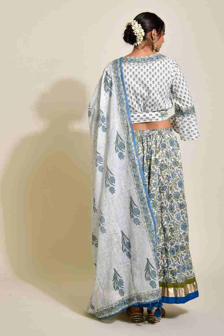 Naksh White and Blue Cotton Skirt, Top, Mulmul Dupatta (Set ot 3)