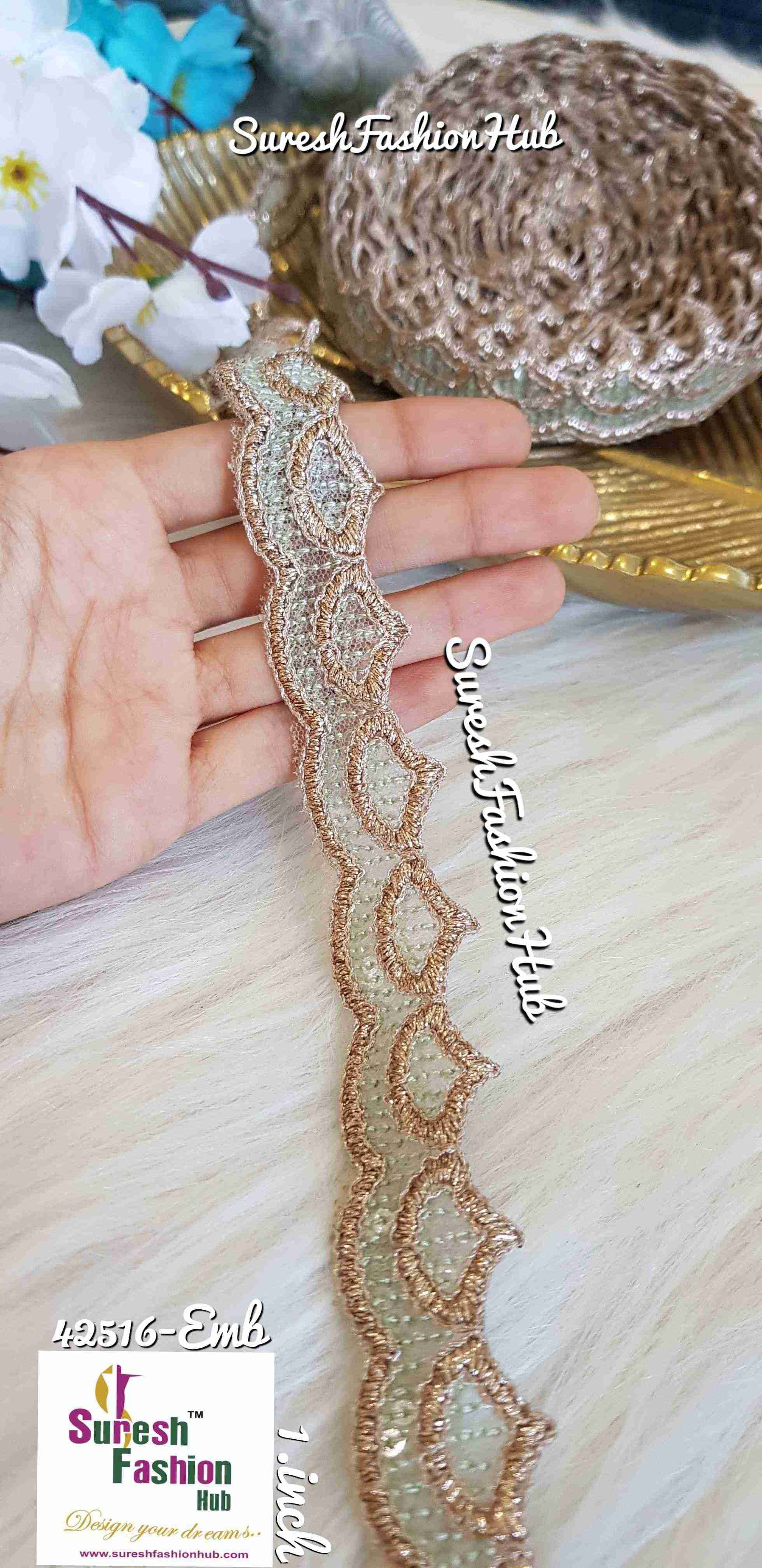 Glittering Mint Green Waves Embroidered Trim