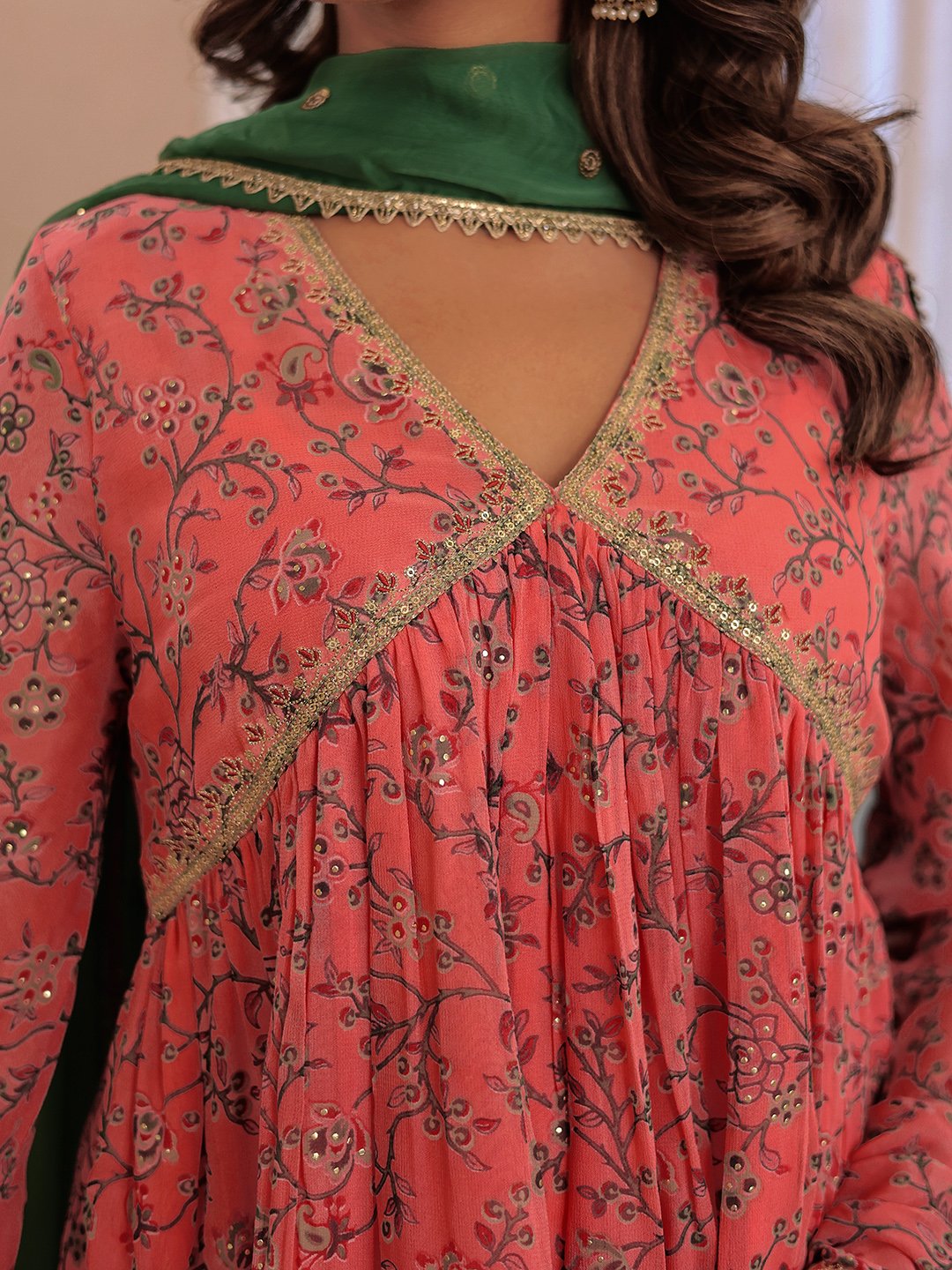 ALIA CUT PINK FLORAL EMBROIDERED KURTA WITH SHARARA & DUPATTA