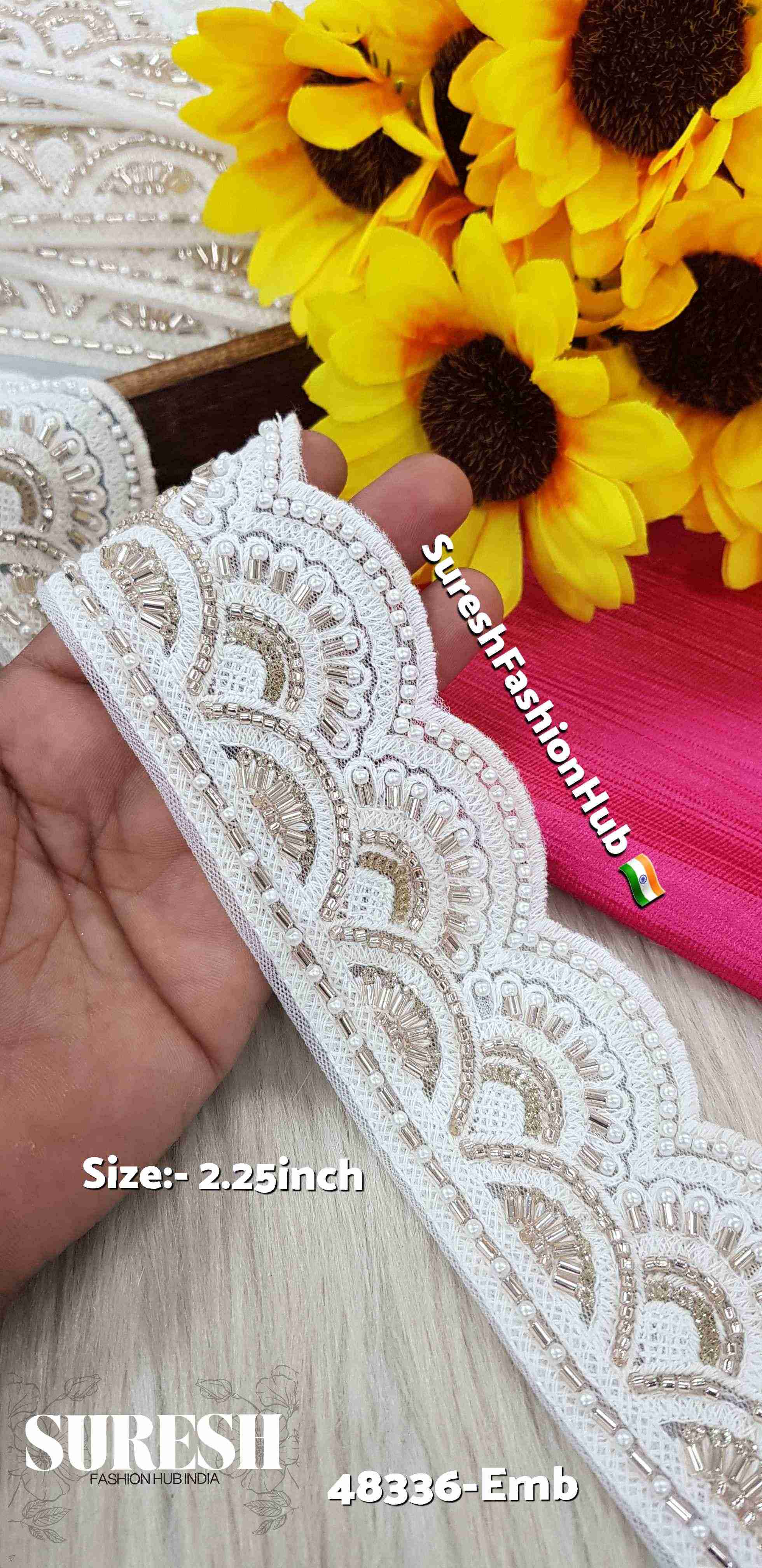 White–Rose Double Scalloped Thread Embroidery Lace – 48336-Emb
