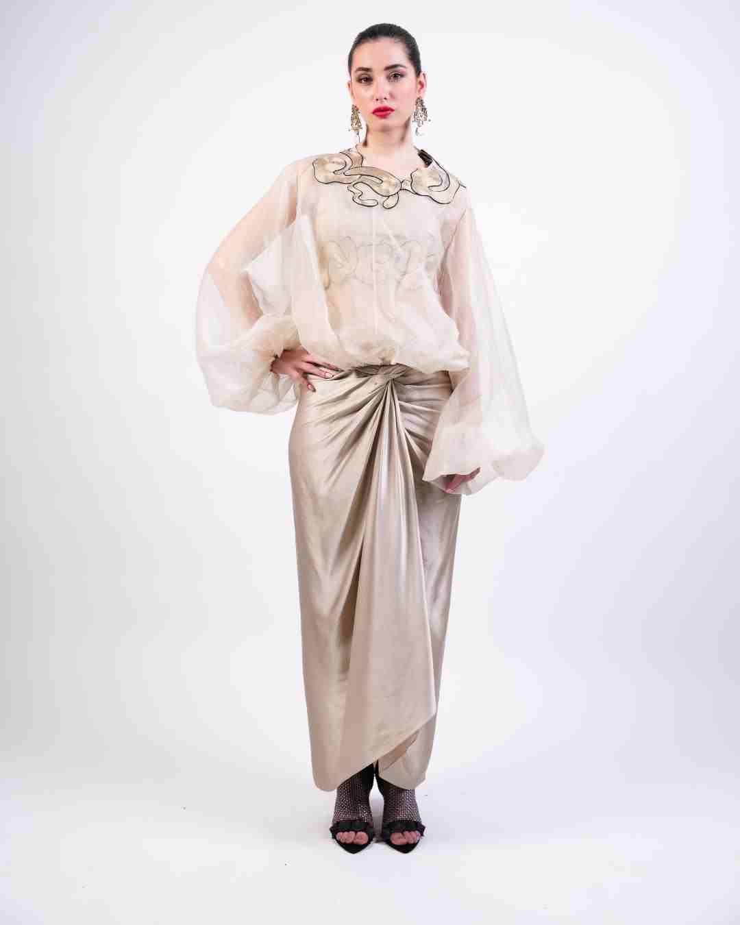 AKOK Beige Silk Organza Baloon Top with skirt and Crop top Co-ords