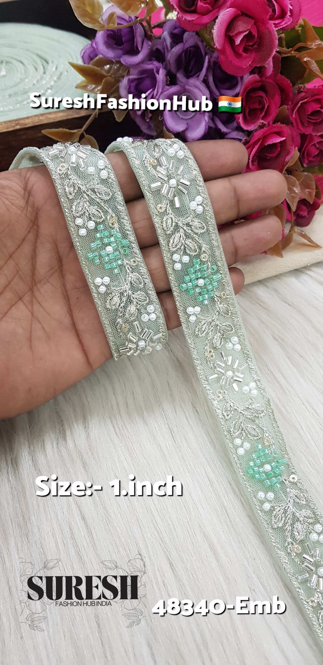 Sea Green Tone-to-Tone Machine Hand Embroidery Lace – 48340-EMB