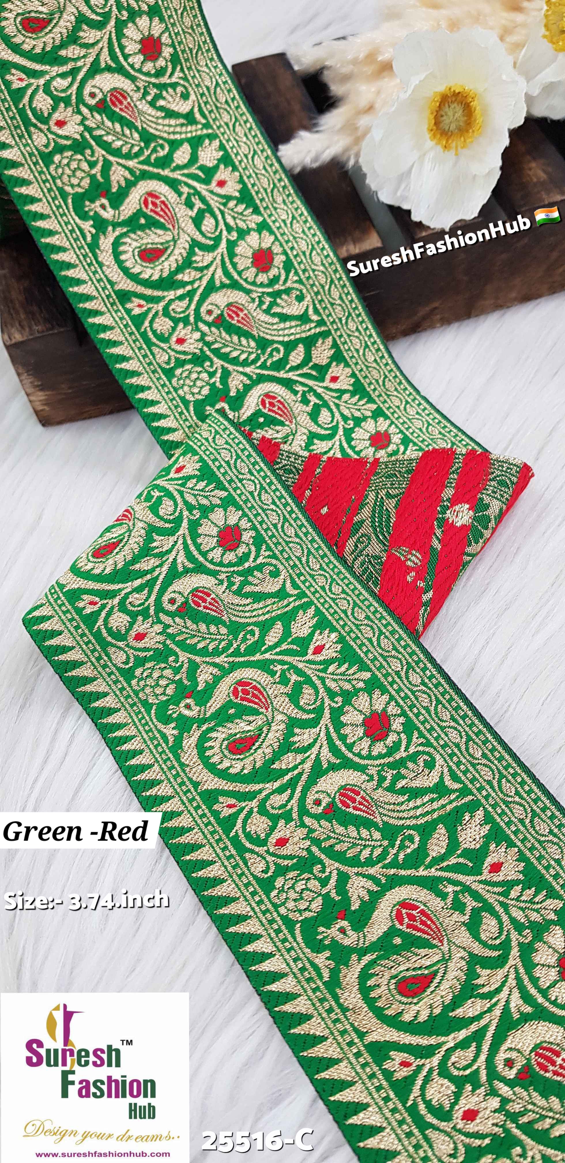 Green-Red Forest Banarasi Lace