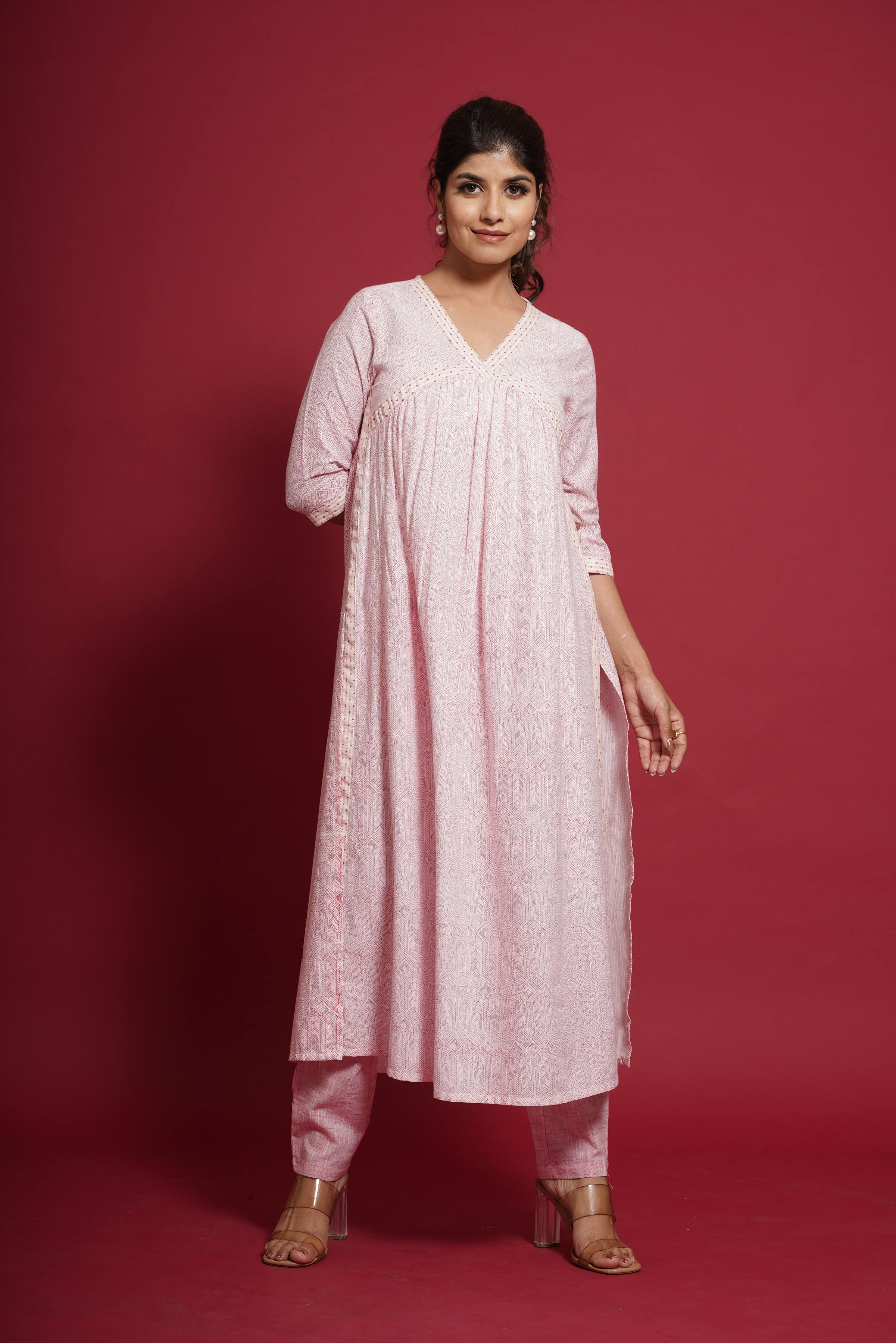 PINK BLOCK PRINT COTTON KURTA SET
