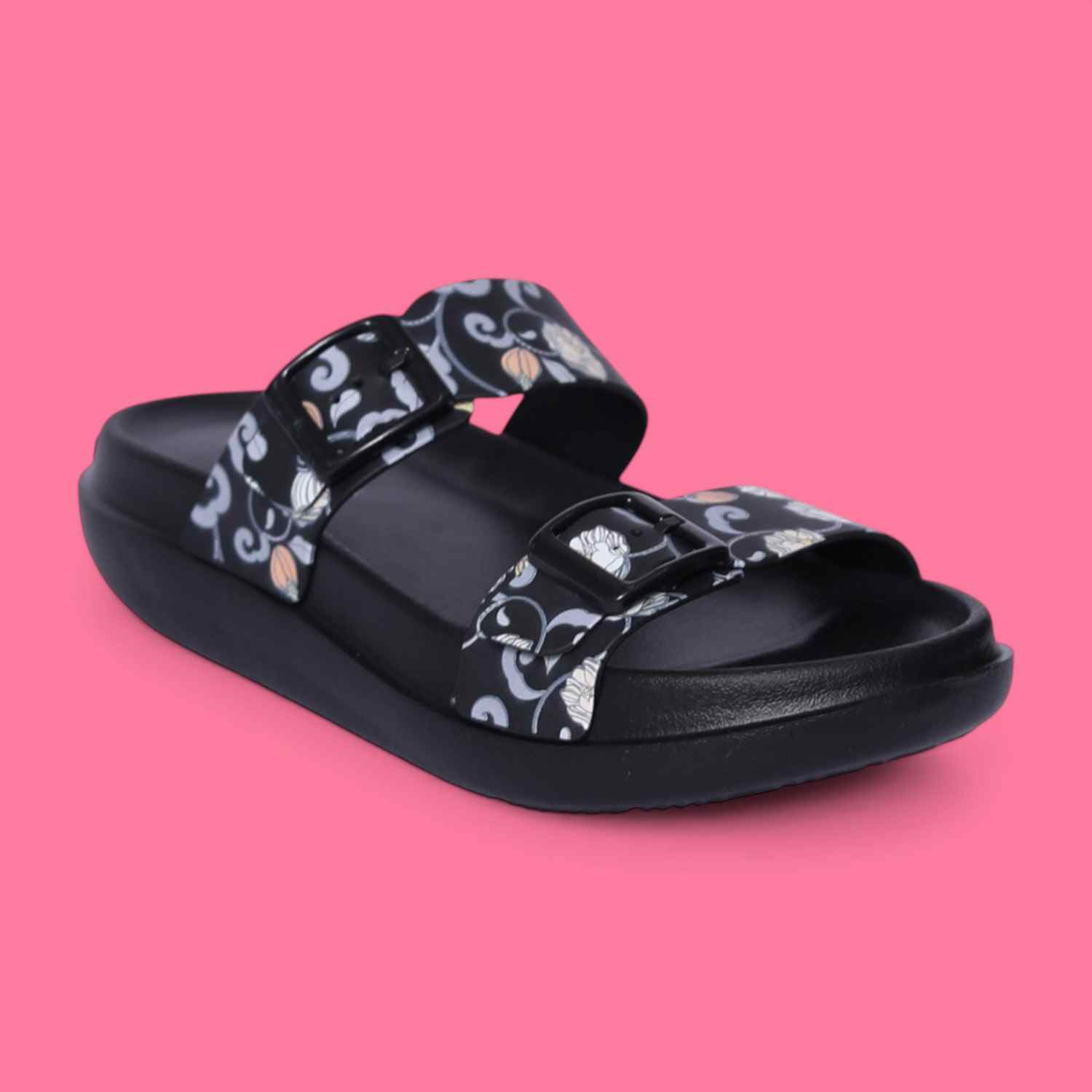 Women Black Floral Print Two-Strap Sandal