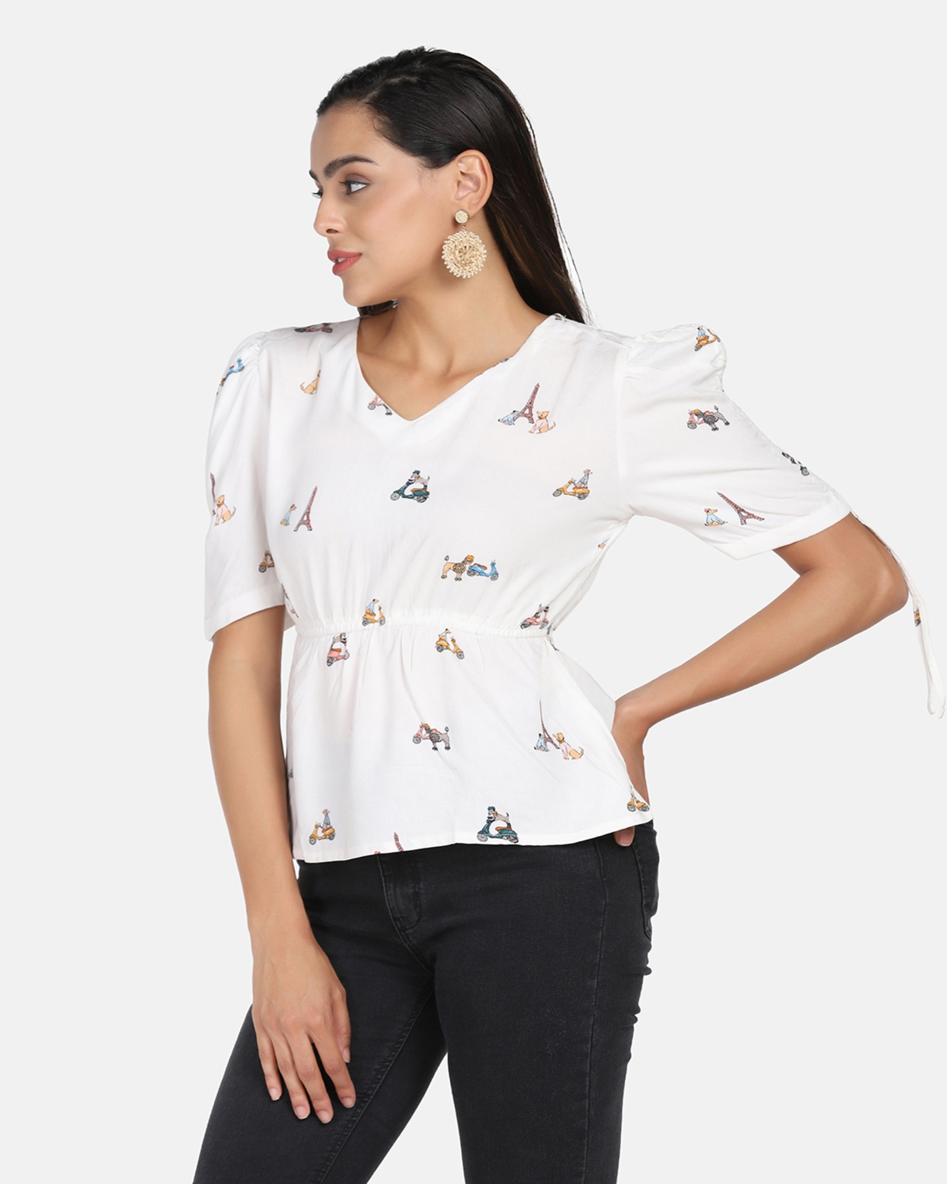 White Printed Rayon Top