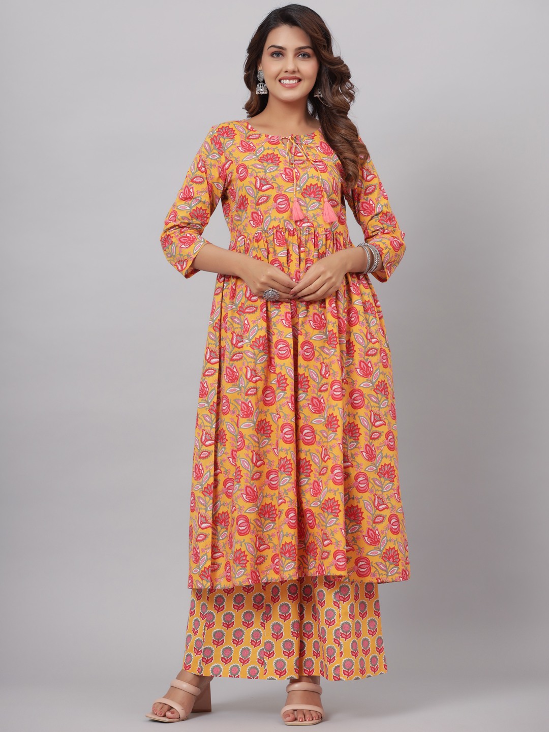 Floral Printed Tie-Up Neck Pure Cotton Kurta With Palazzo