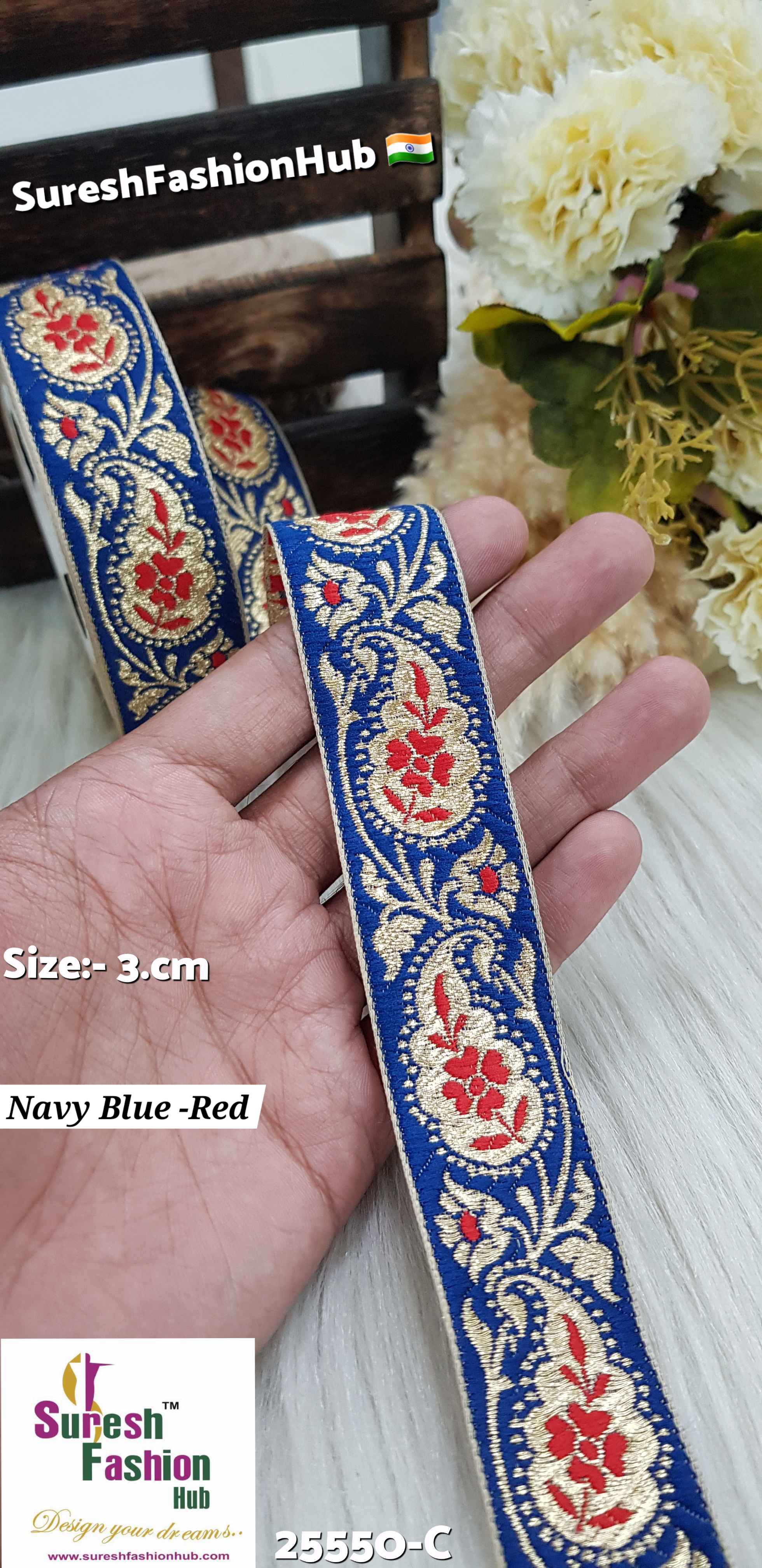 Navy Blue & Red Keri Floral Banarasi Lace