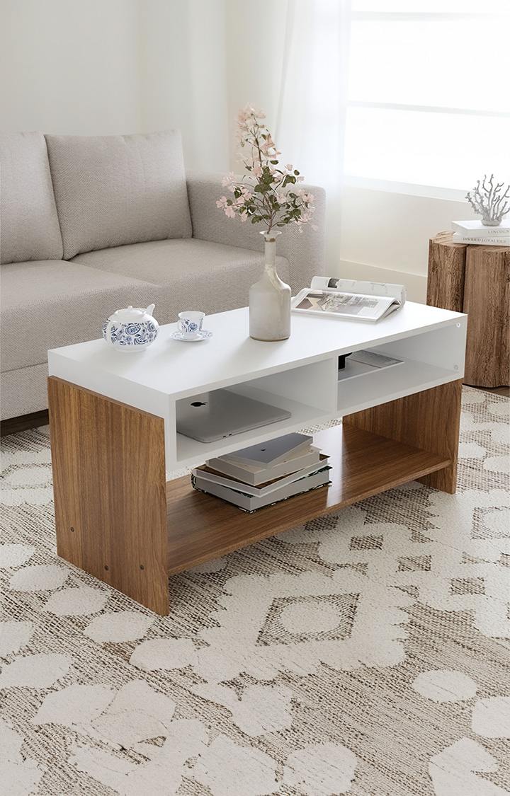 NEUDOT Wing Coffee Table with Open Rack | Center Table for Living Room | Table with Storage for Drawing Rooming and Office, 1 Year Warranty - Leon Teak Finish