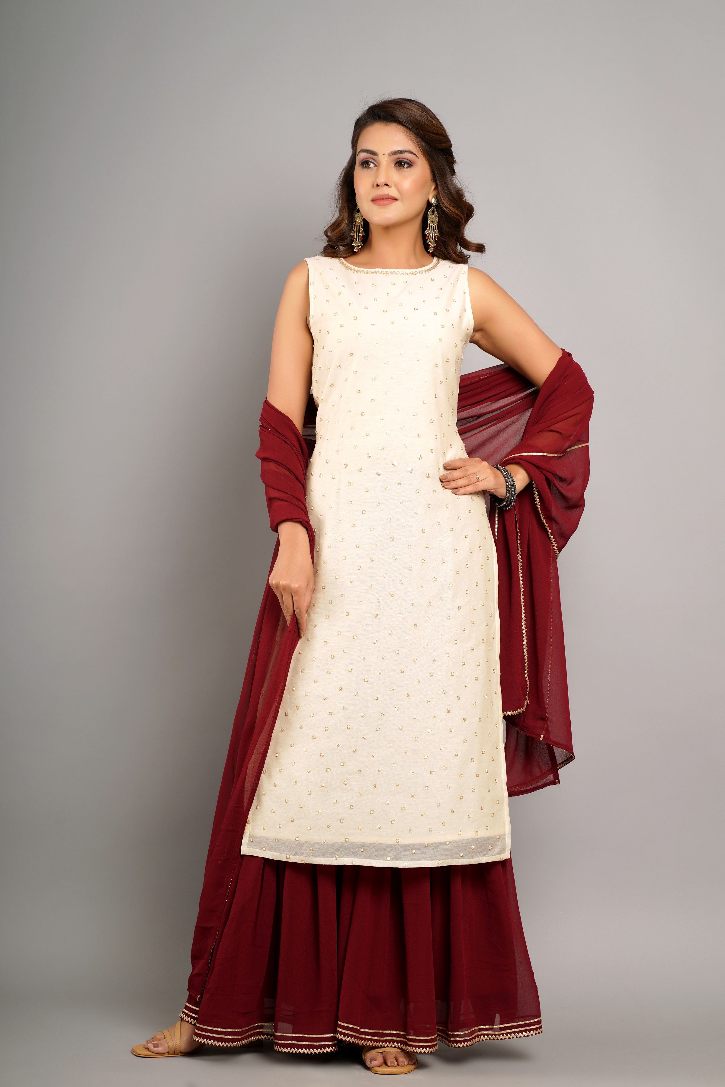Beautiful Embroidery Off White & Maroon Kurta Set With Dupatta