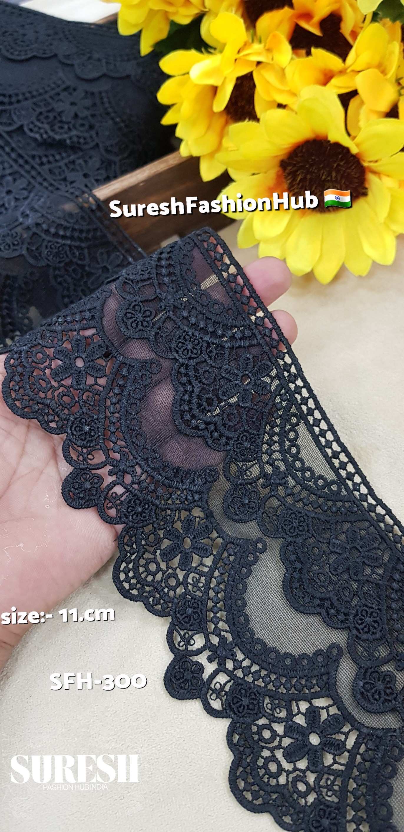 Midnight Blossom Imported Floral Net Lace – Design No. SFH-300 (Black)
