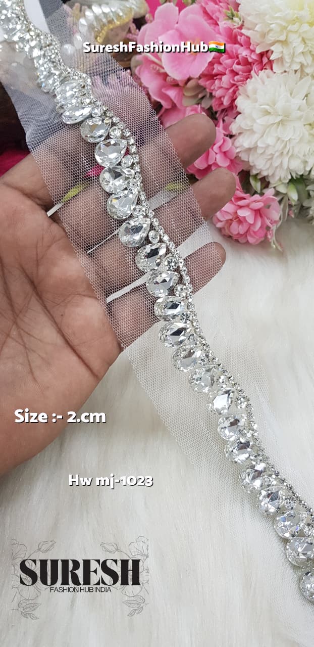Silver Handmade Scalloped Rhinestone Border on Net – M.J-1023