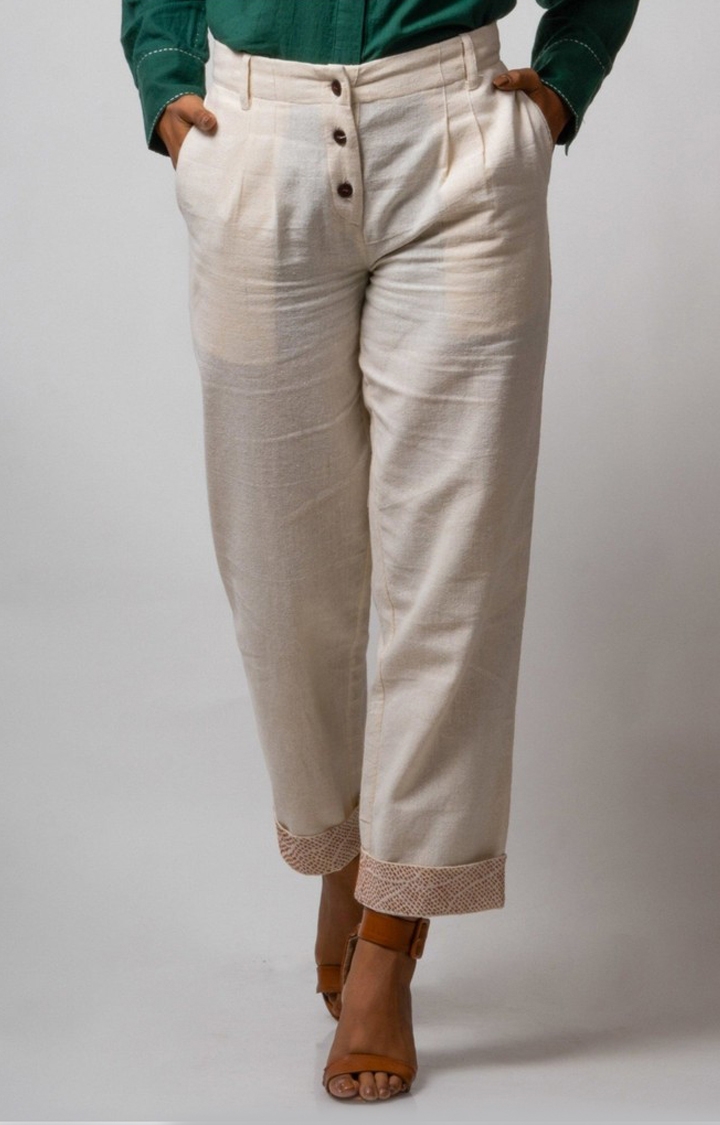 Women's Beige Cotton Solid Trouser