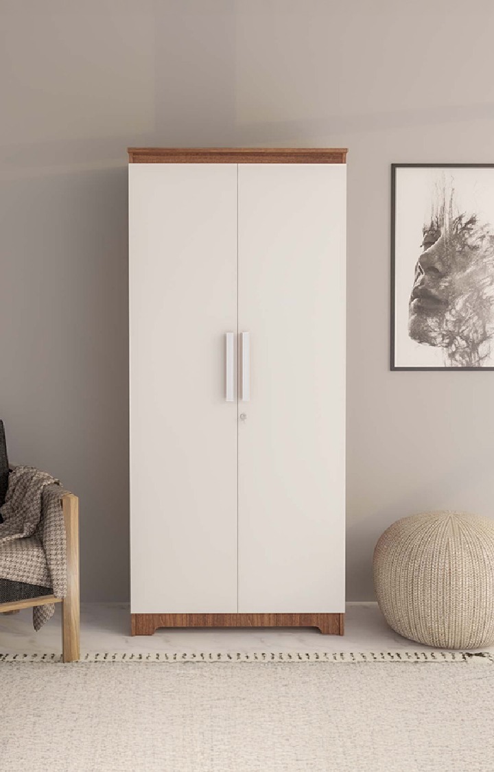 neudot Amber 2 Door - Leon Teak Finish Engineer Wood Multipurpose Wardrobe/Almirah/Organiser/Cupboard with 1 Hanger Stand, for Cloths and Storage - 4 Shelves