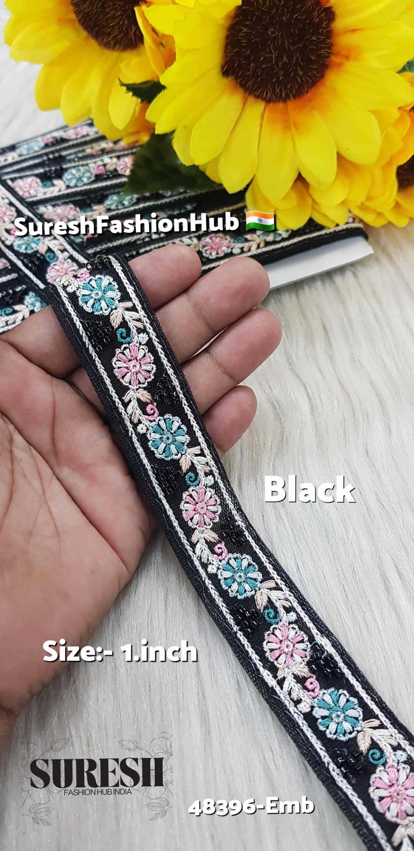 Black Multicolor Thread Bead Embroidery Lace