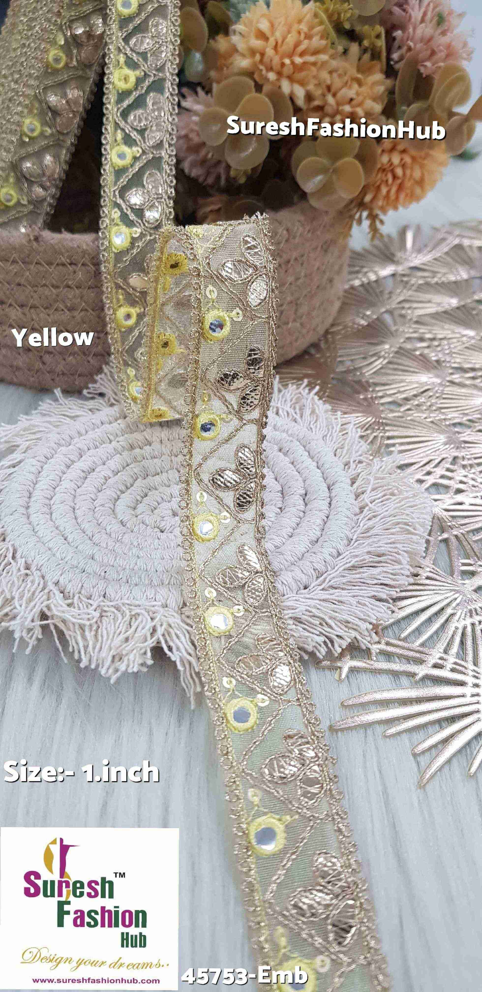 Glimmering Gota and Mirror Embroidered Yellow Organza Lace ellow